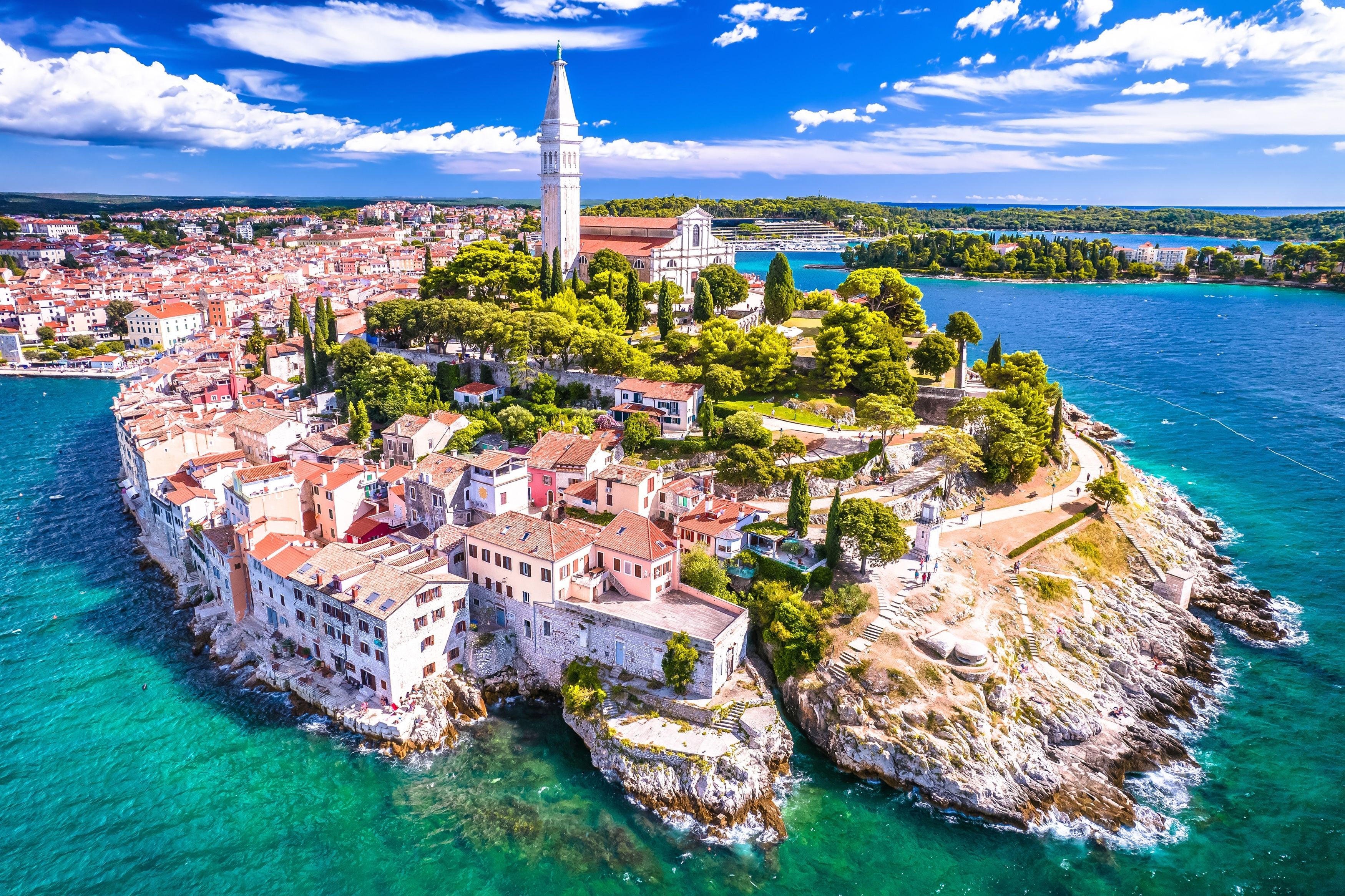An aerial view of Rovinj old town in Croatia