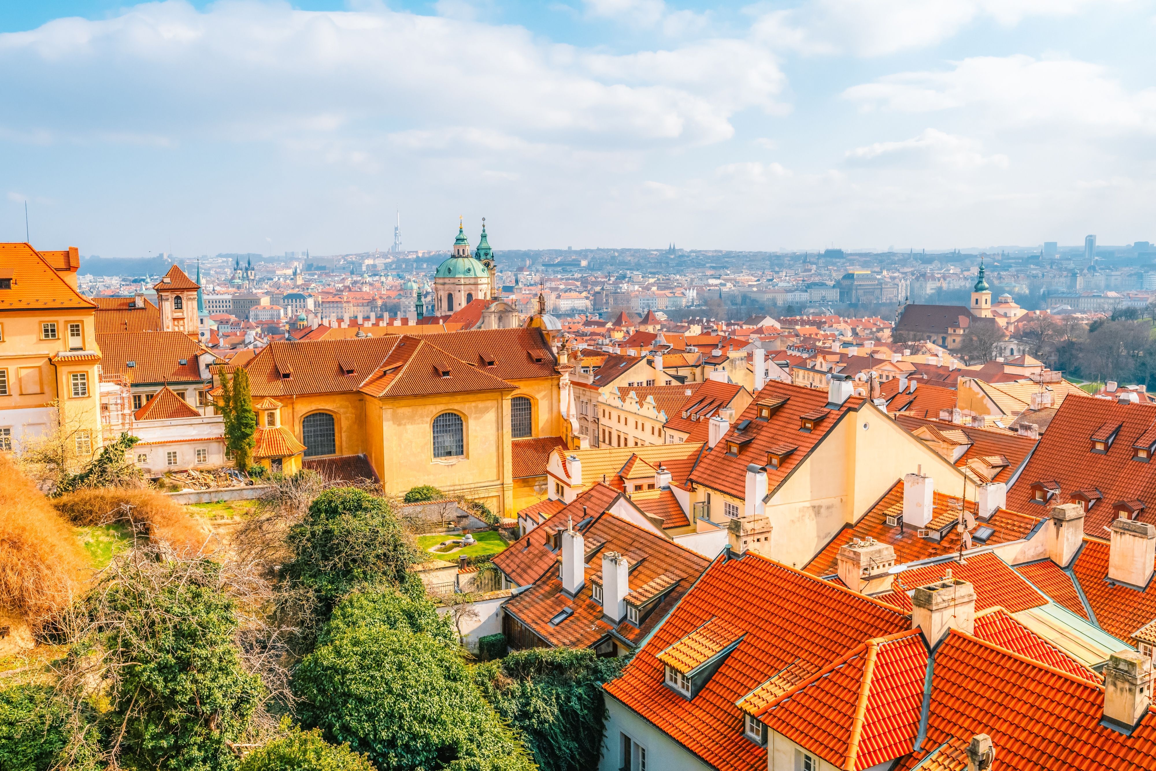 A skyline view over Prague rooftops