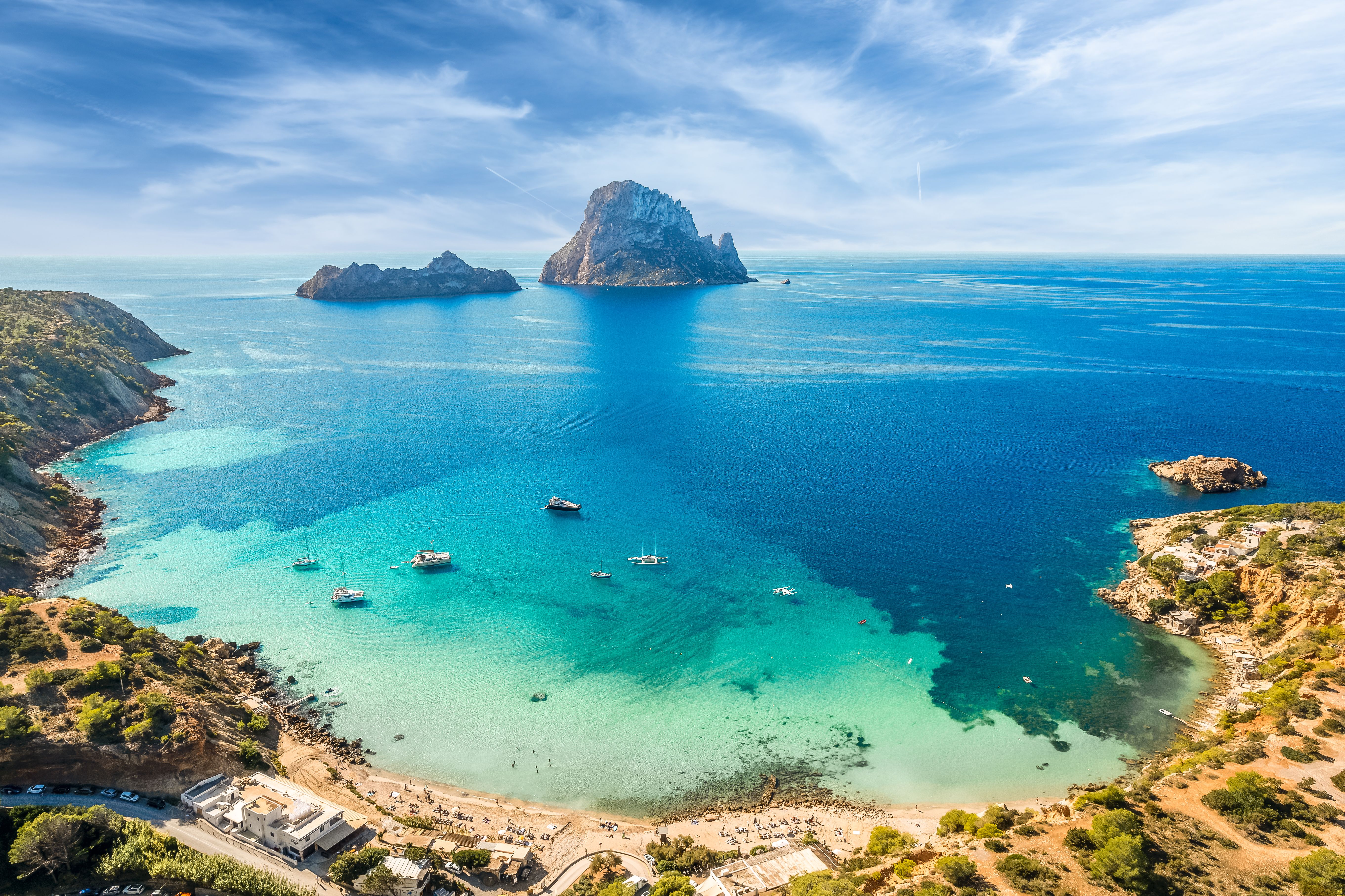 An aerial view shows Cala d'Hort on Ibiza, Spain.
