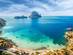 An aerial view shows Cala d'Hort on Ibiza, Spain.