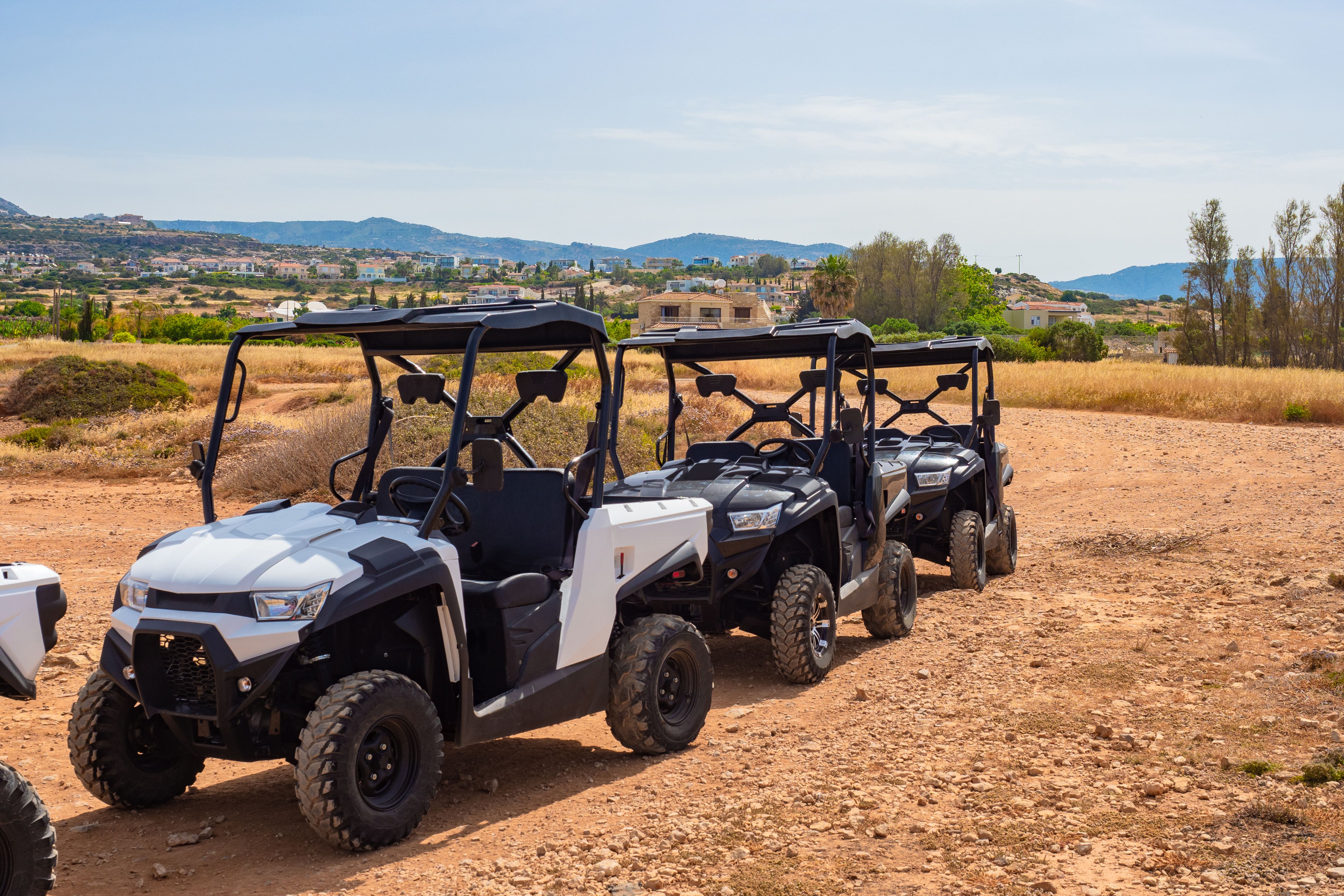 ATV jeeps lined up ready for a safari tour in Paphos, Cyprus