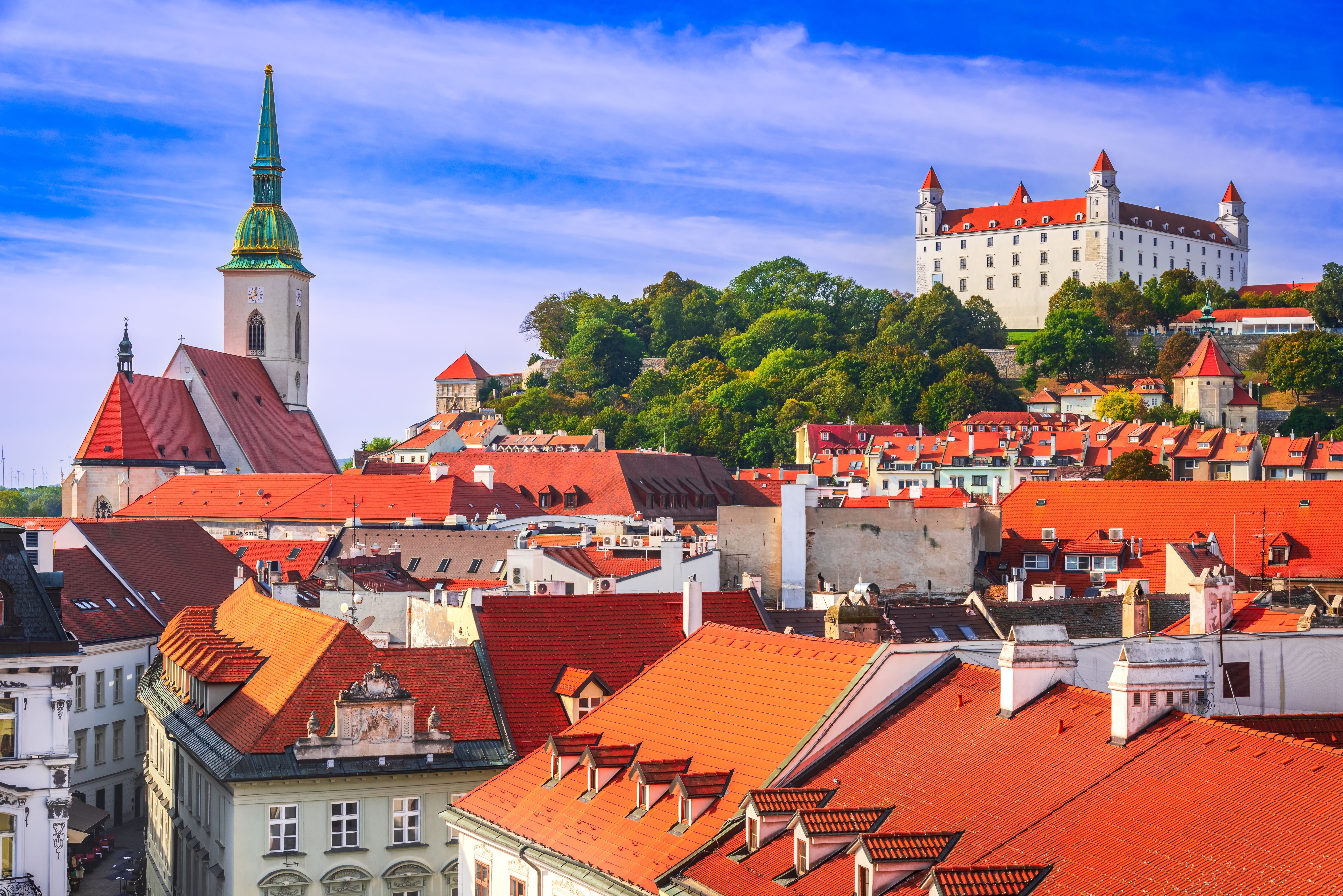 Panoramic rooftop view of the Castle, the cathedral and the old town square in Bratislava, Slovakia