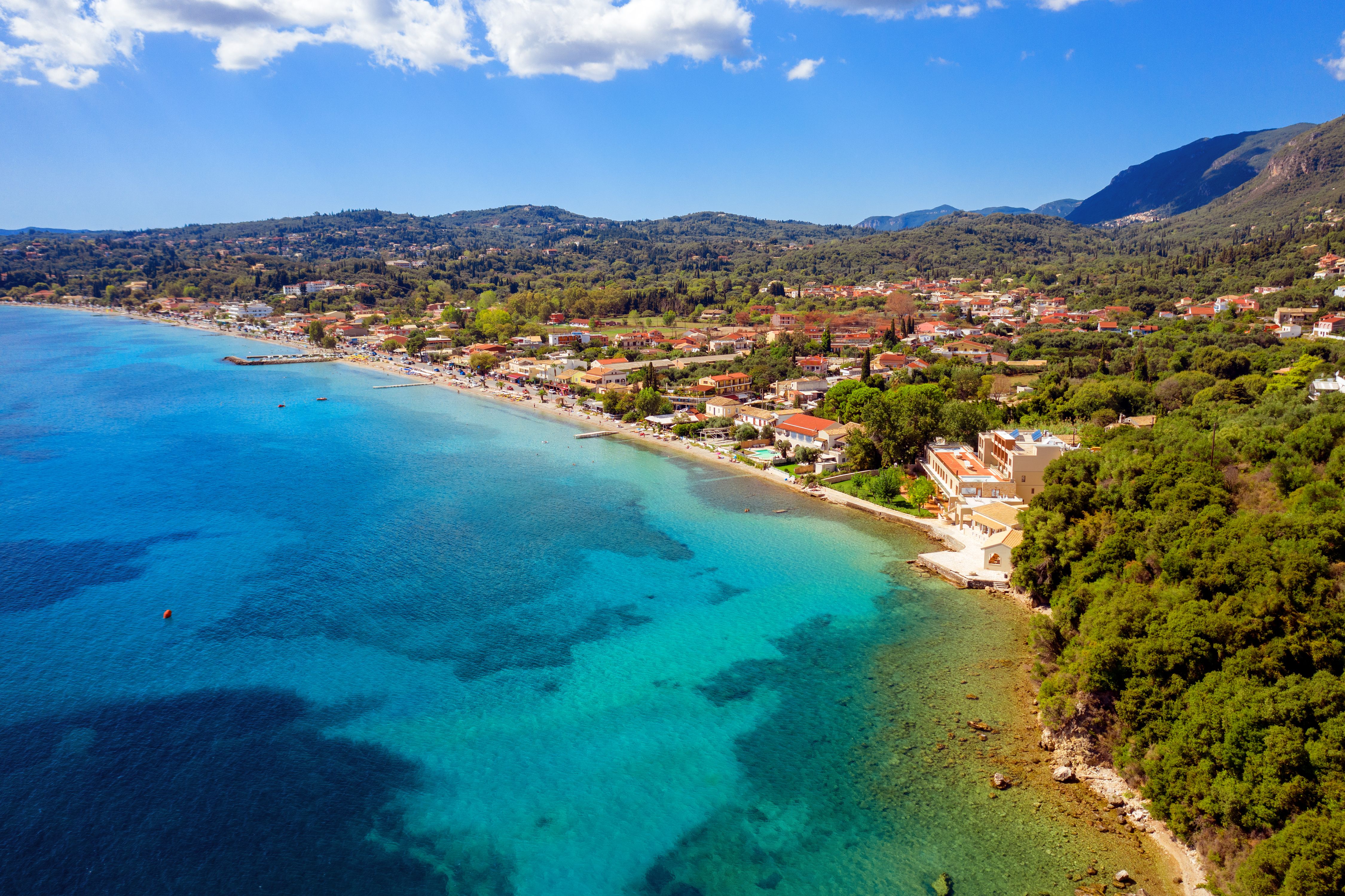 A view of Kato Agios Markos beach in Corfu, Greece