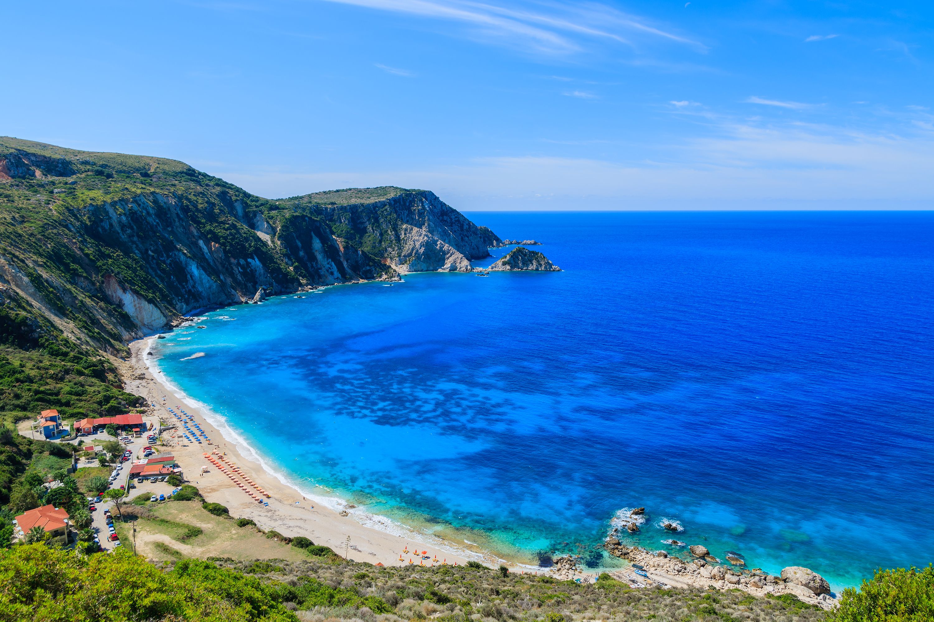 An aerial view over Petani bay and beach in Kefalonia, Greece