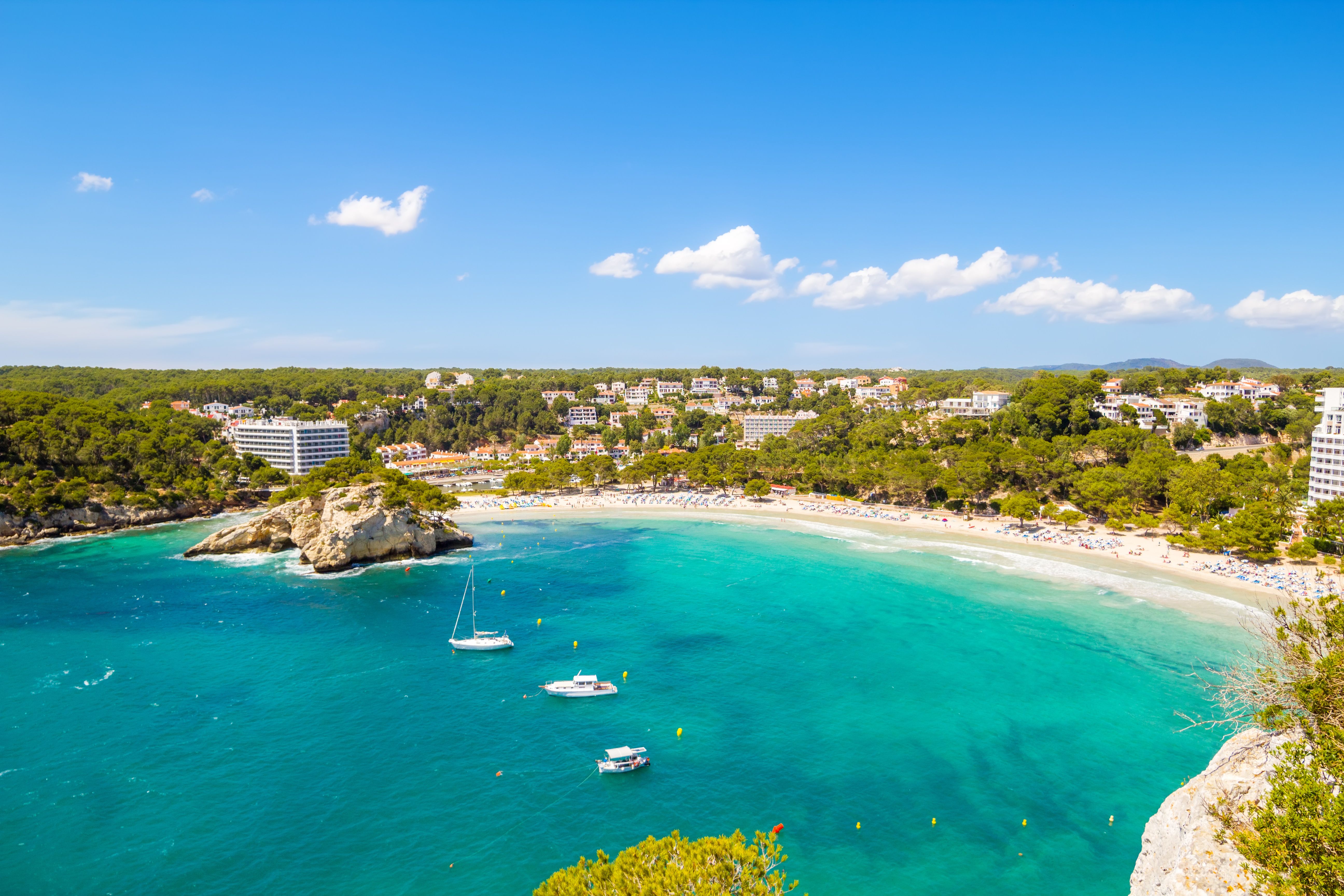 An aerial view of Cala Galdana resort and beach in Menorca, Balearic Islands
