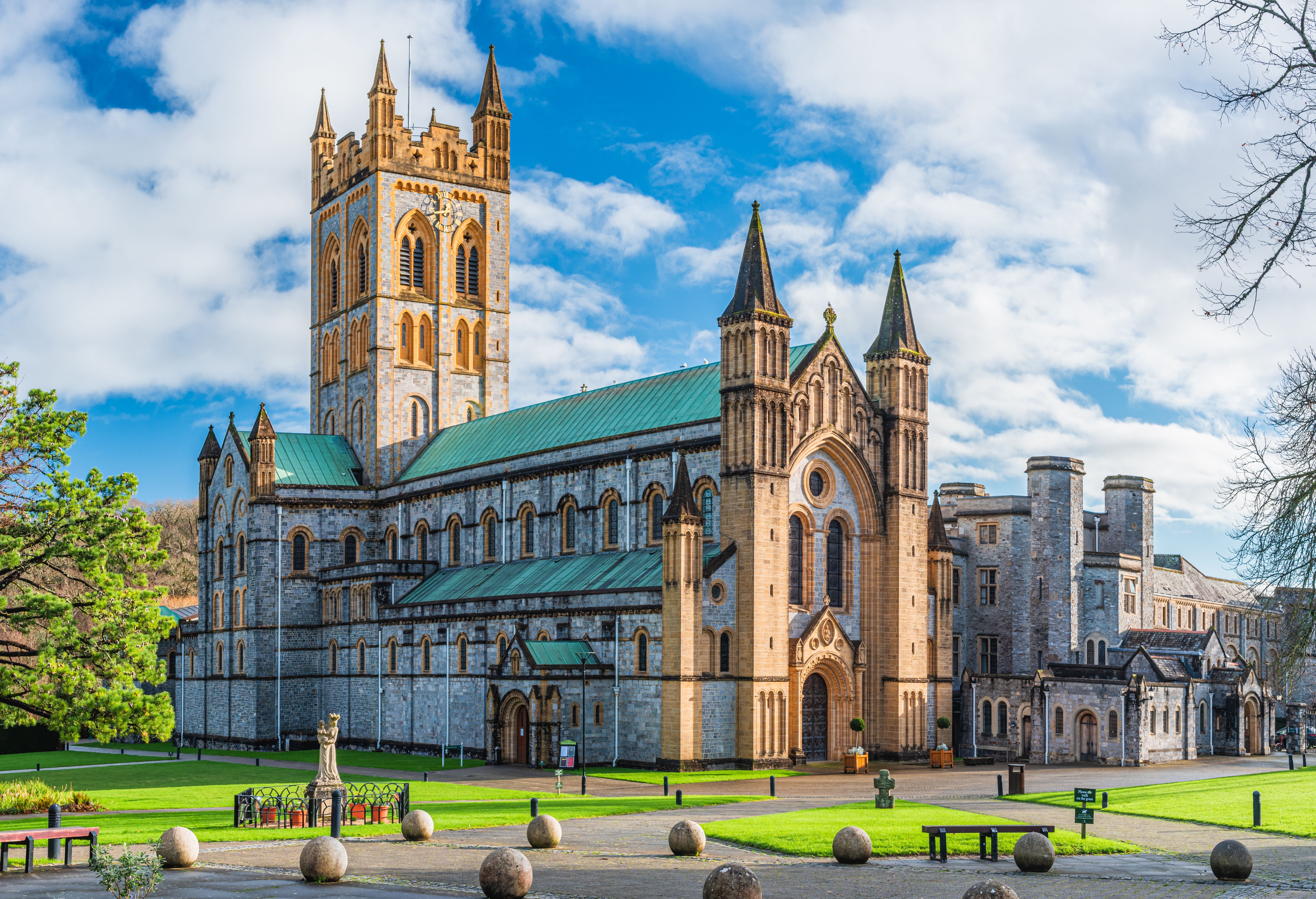 A view of Buckfast Abbey Church in Buckfastleigh, Devon