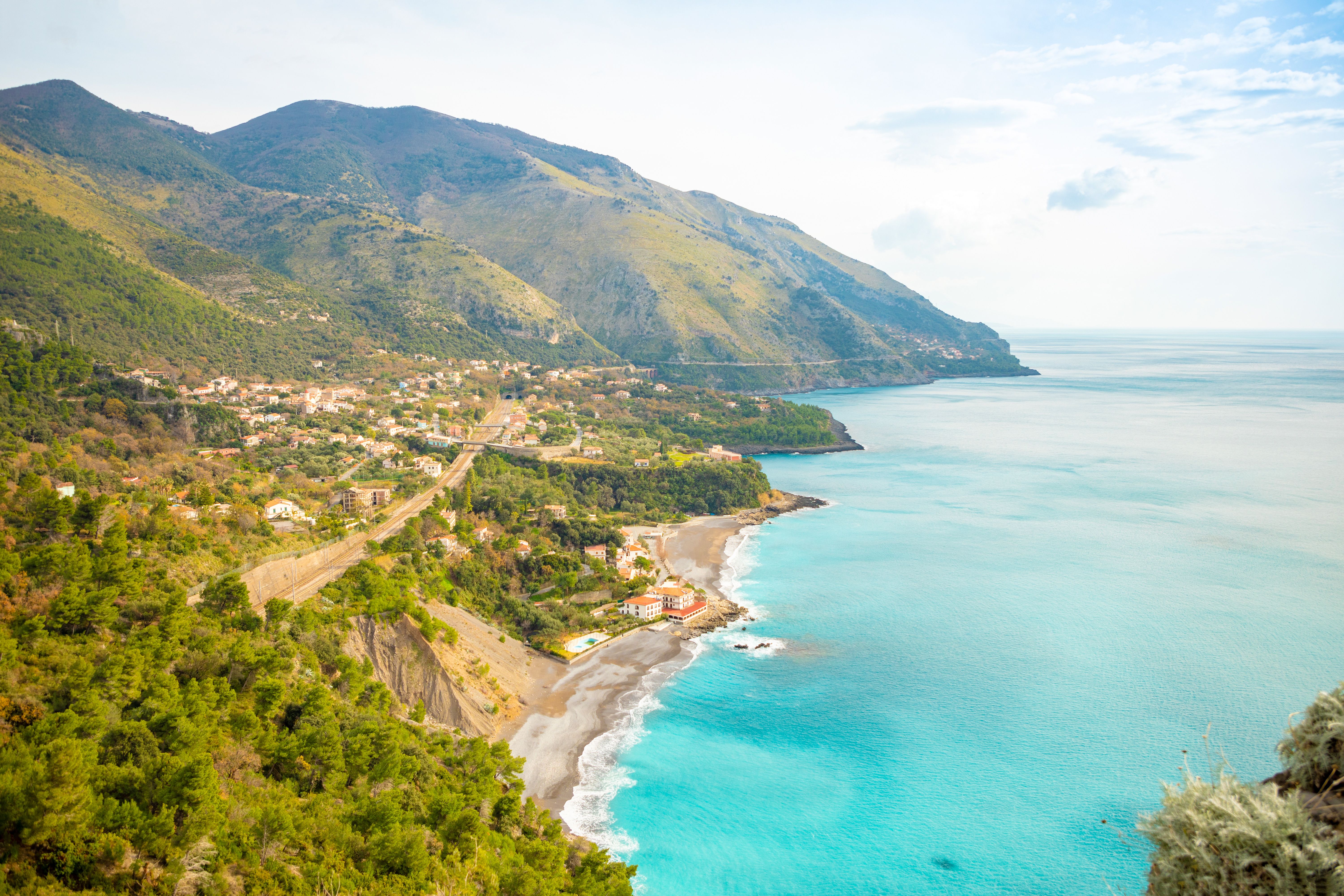 An aerial view of Acquafredda village and coastline in Basilicata, Italy