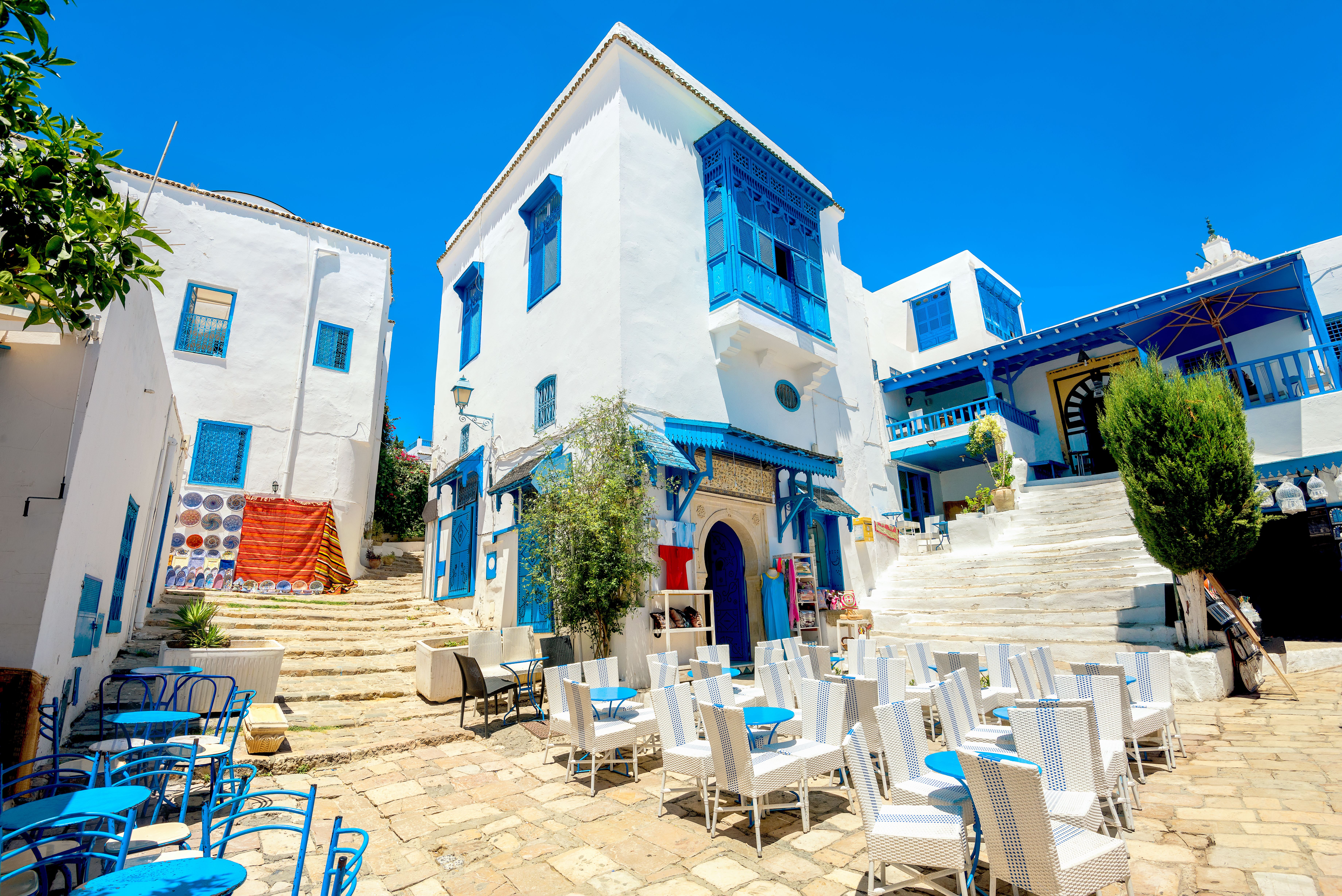 Traditional white and blue houses in the centre of Sidi Bou Said town, Tunisia
