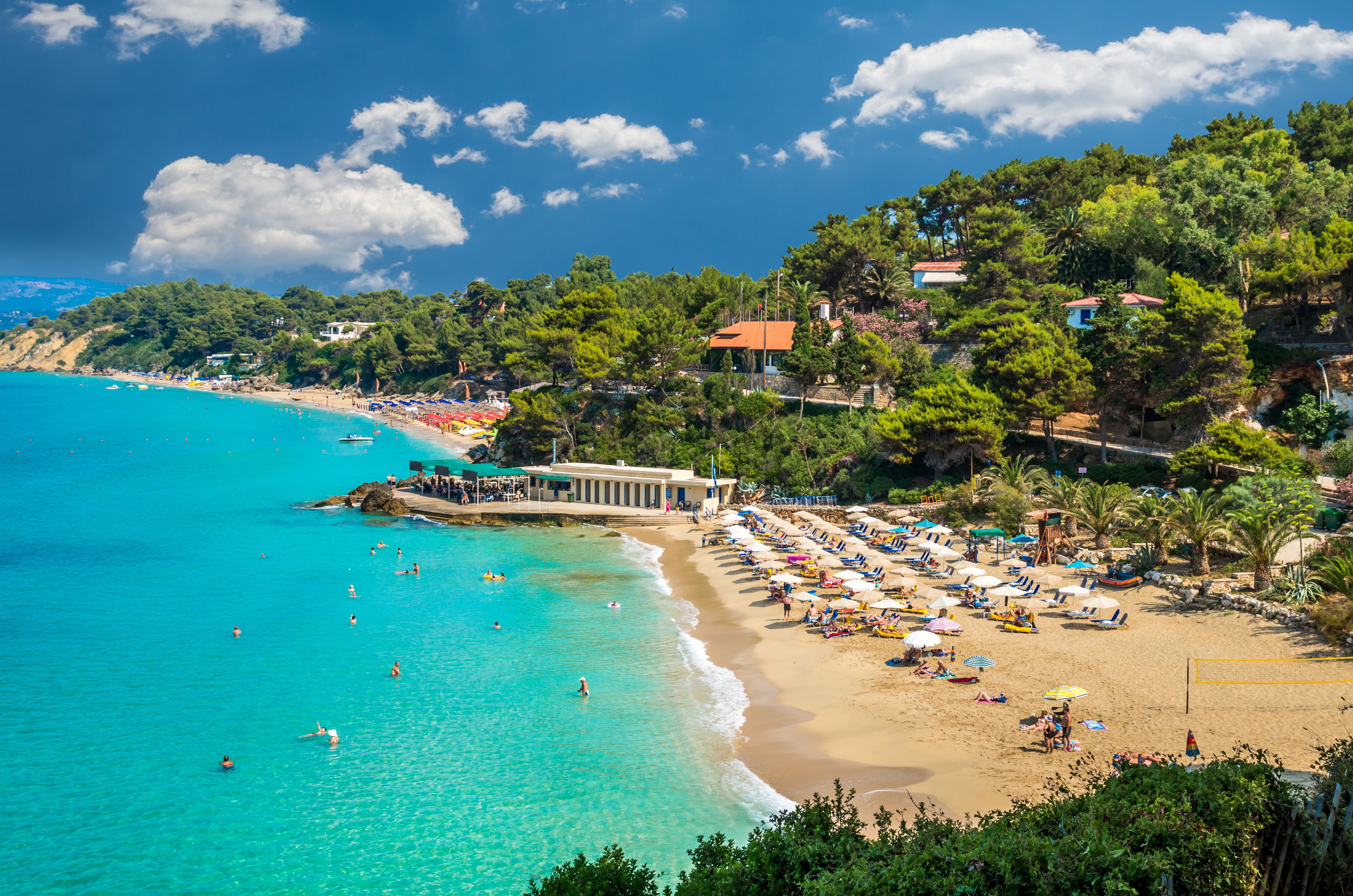 A view of both Makris Gialos and Platis Gialos beach in the resort of Lassi in Kefalonia, Greece