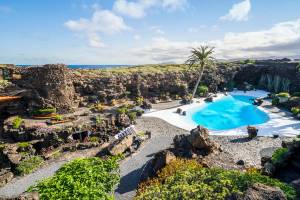 Aerial view of the Jameos del Agua pool and caves in Lanzarote