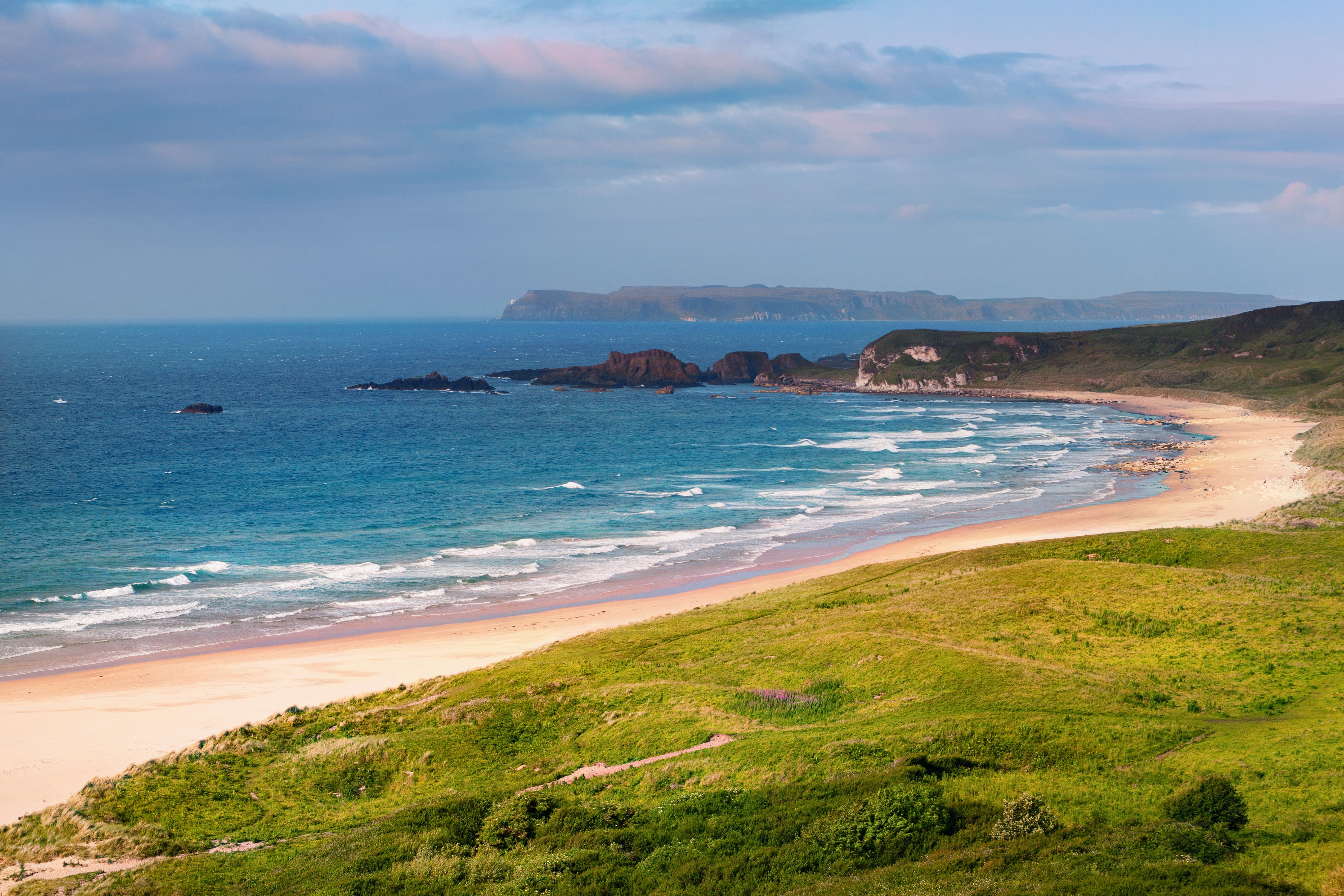 Panoramic view of White Park Bay in County Antrim, Northern Ireland