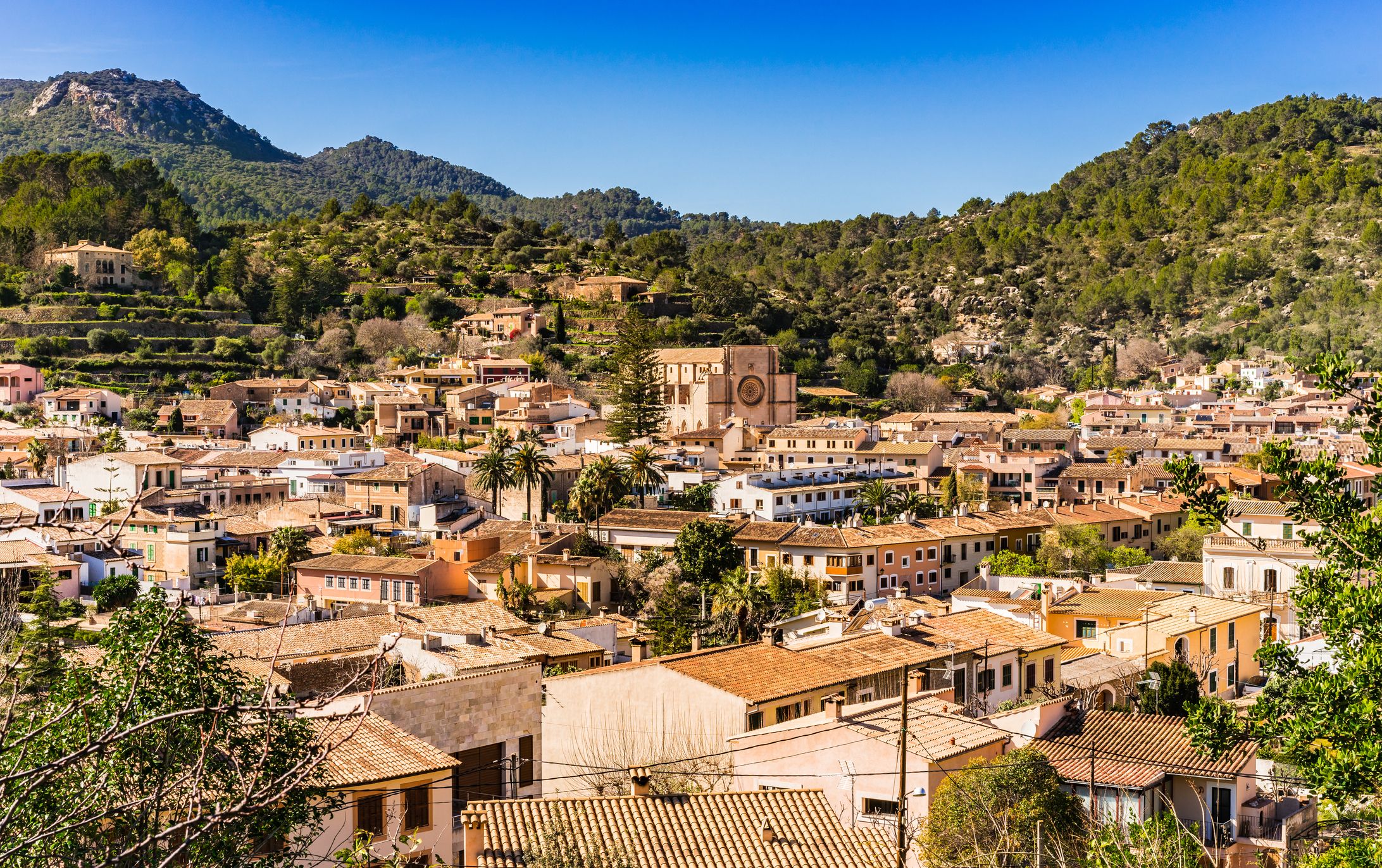 An aerial view of Esporles town in Majorca