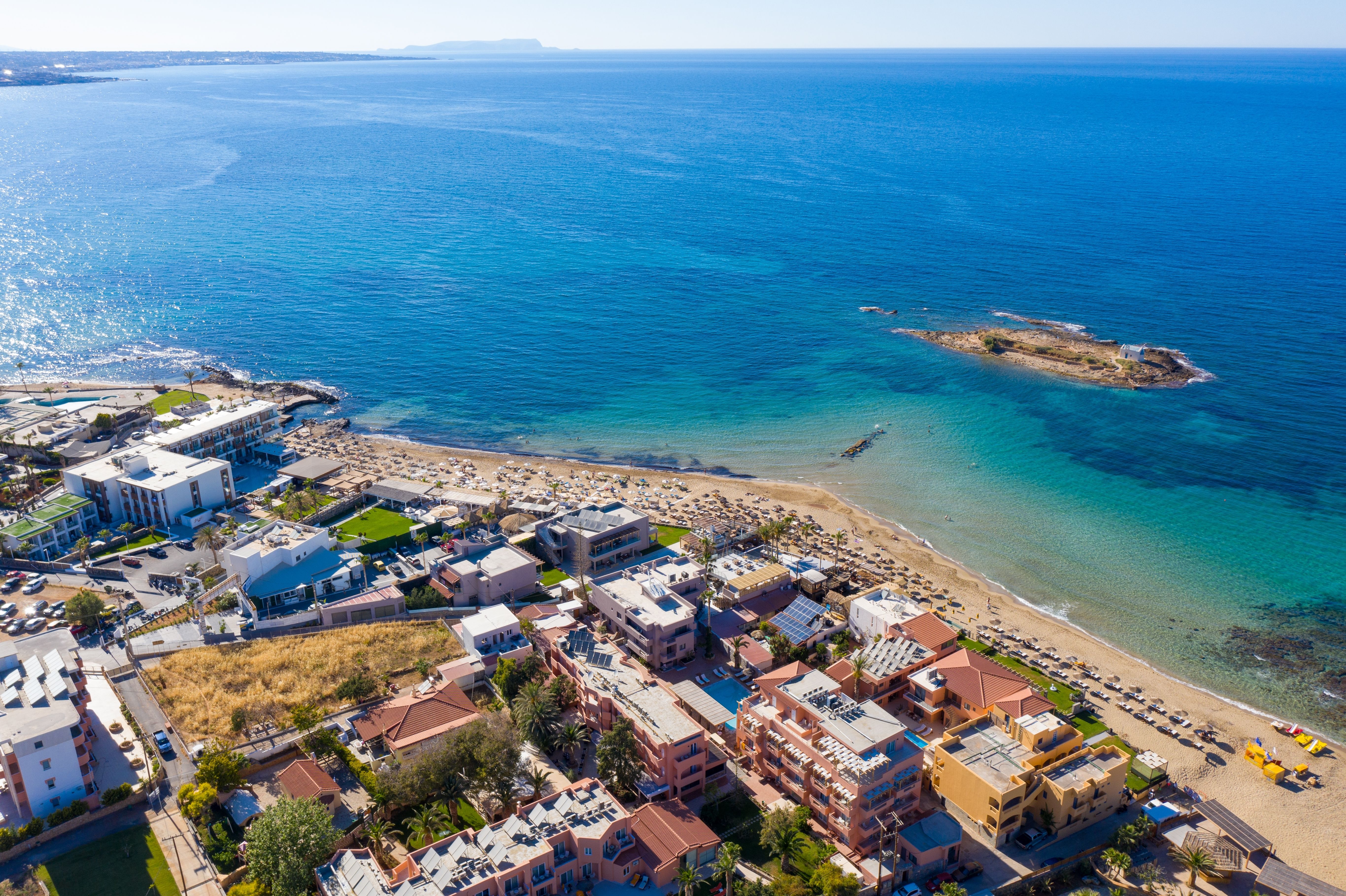 An aerial view of Malia resort and coastline in Crete, Greece