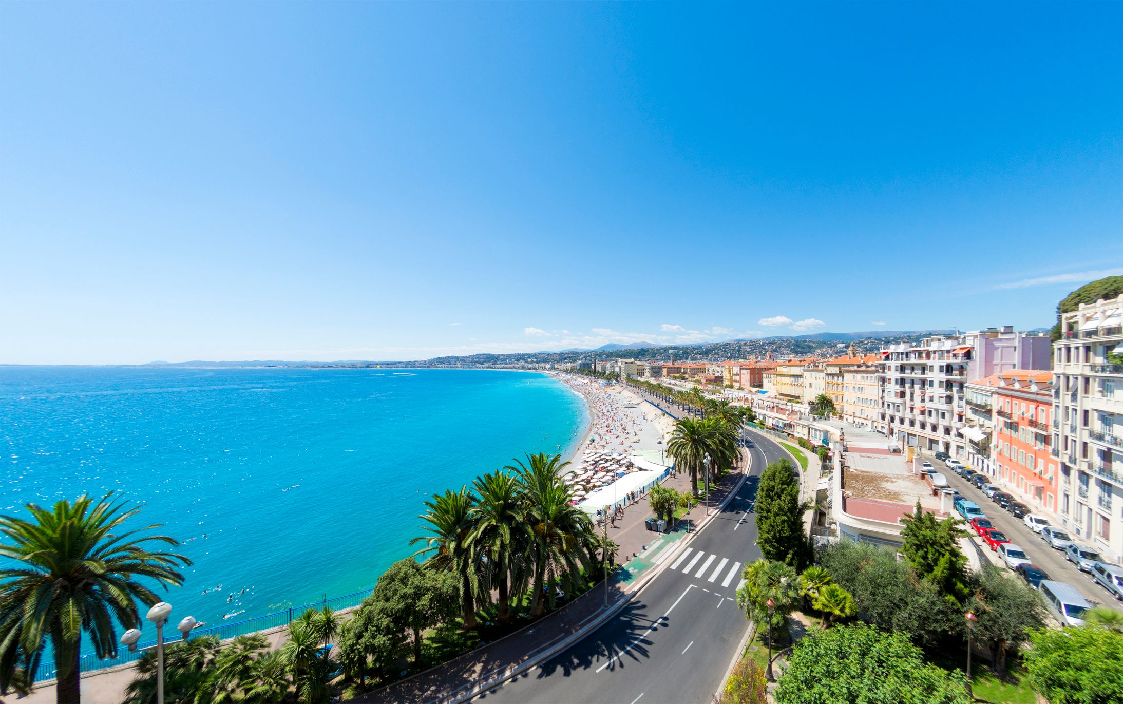 A view along the Promenade des Anglais and beach and seafront in Nice, France
