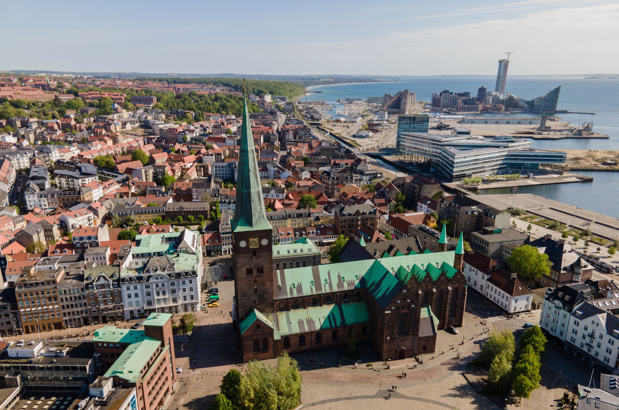 An aerial view over Aarhus city and coastline in Denmark