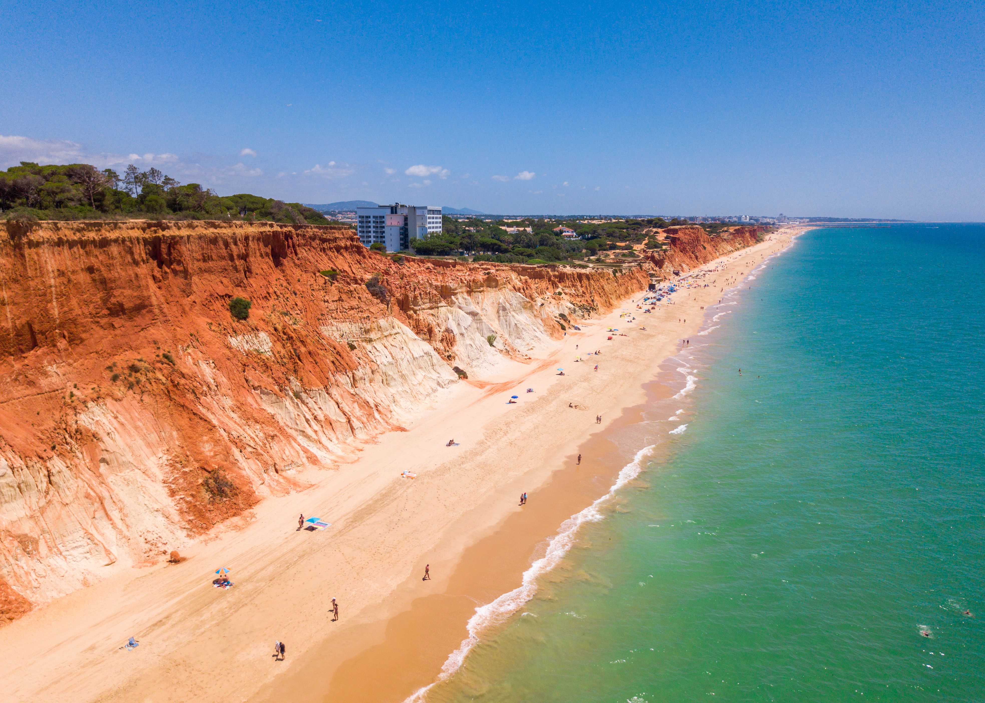Aerial view of Praia da Falesia beach in the Algarve, Portugal