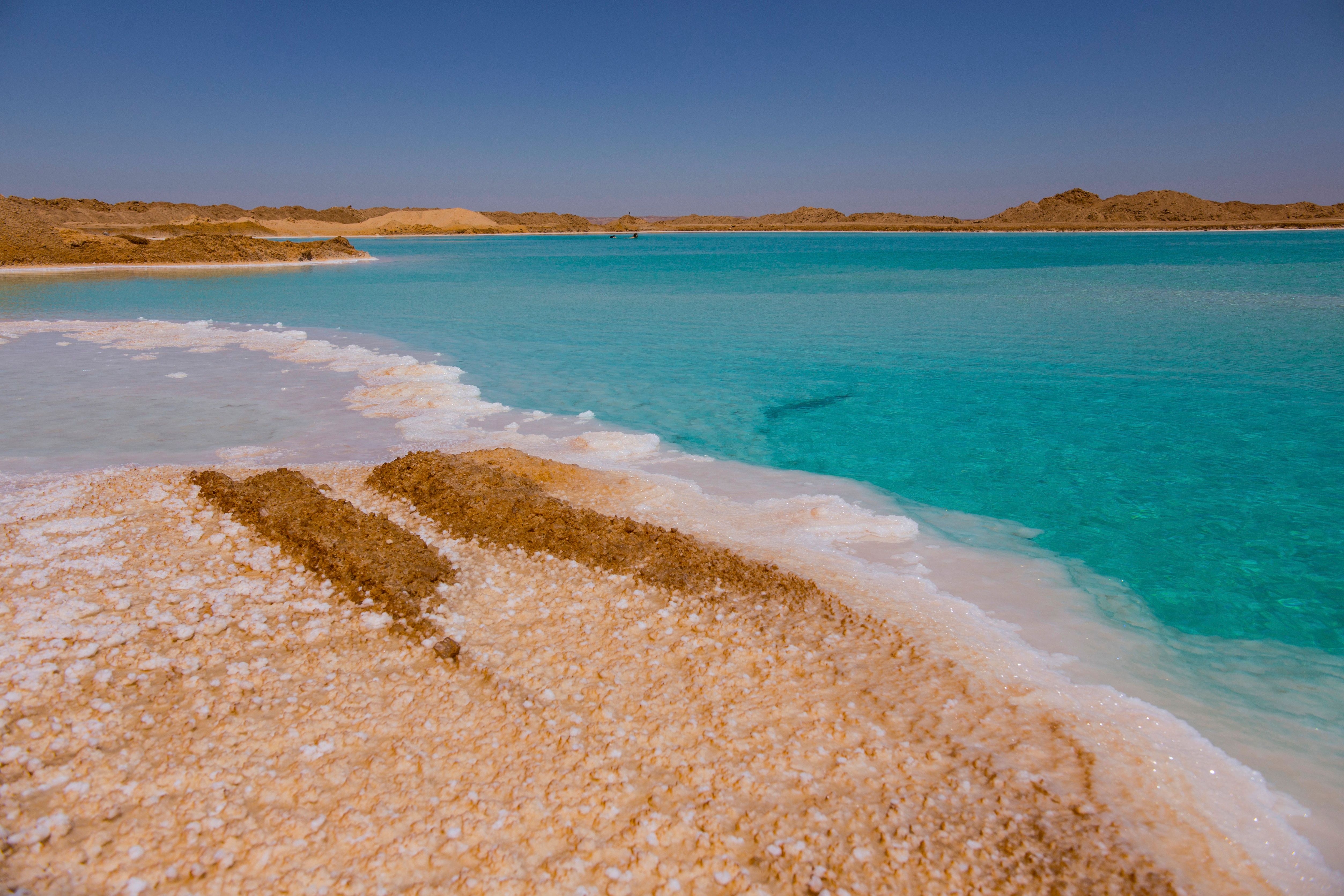 Salt lake with turquoise water and white salt on the shore near Siwa oasis, Egypt