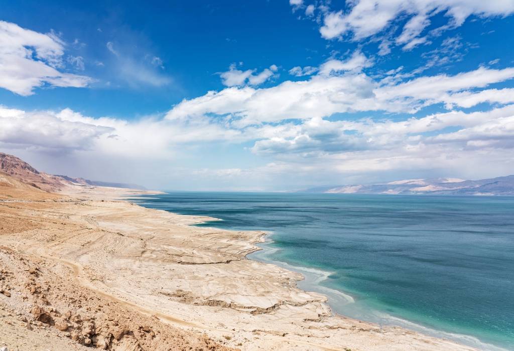 A beautiful scenic view from above along the dry rocky Dead Sea Coast of the West Bank Israel, Jordan