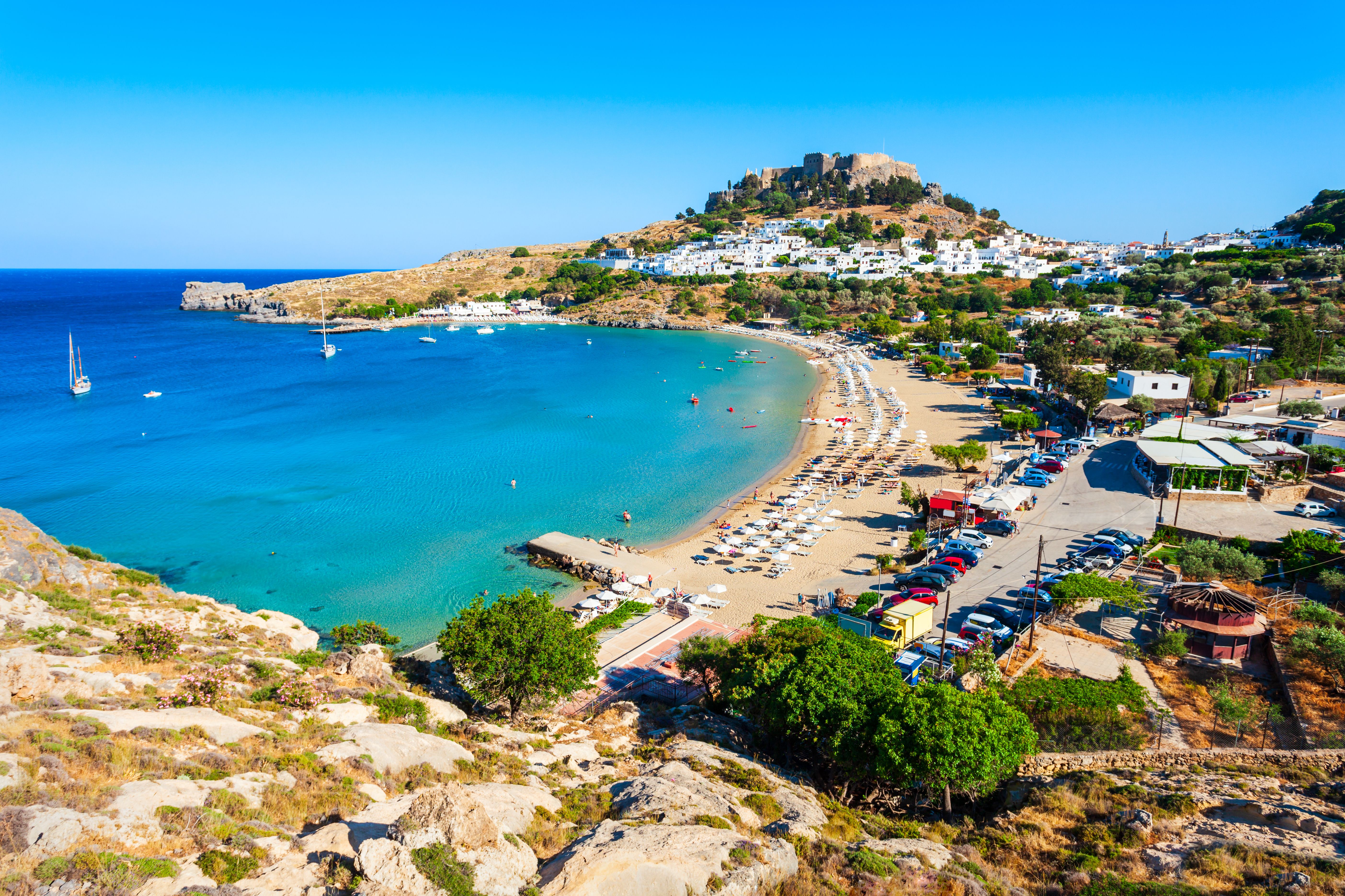 Lindos Acropolis and beach in Rhodes