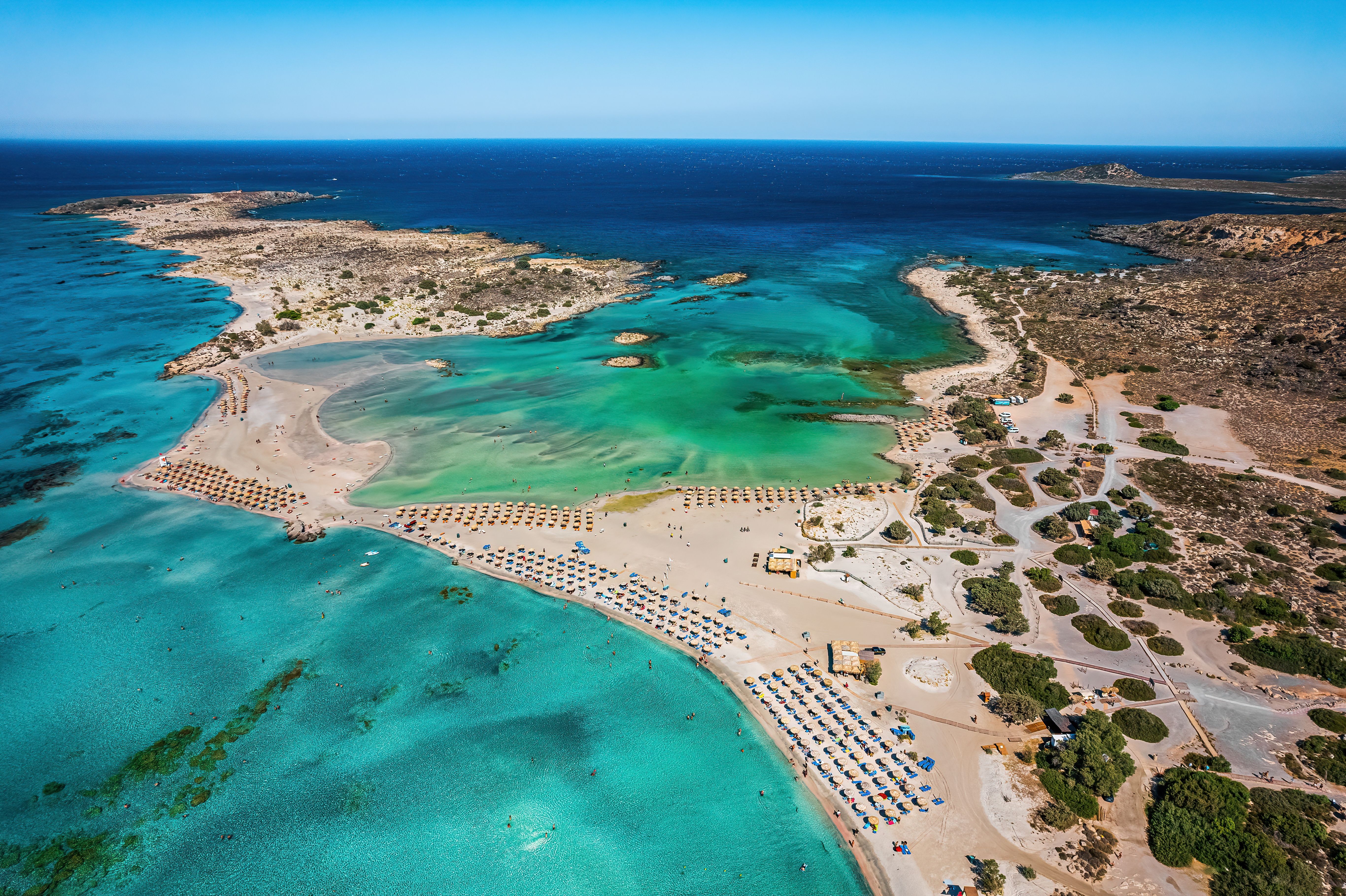 An aerial view of Elafonisi Beach and lagoons in Crete, Greece