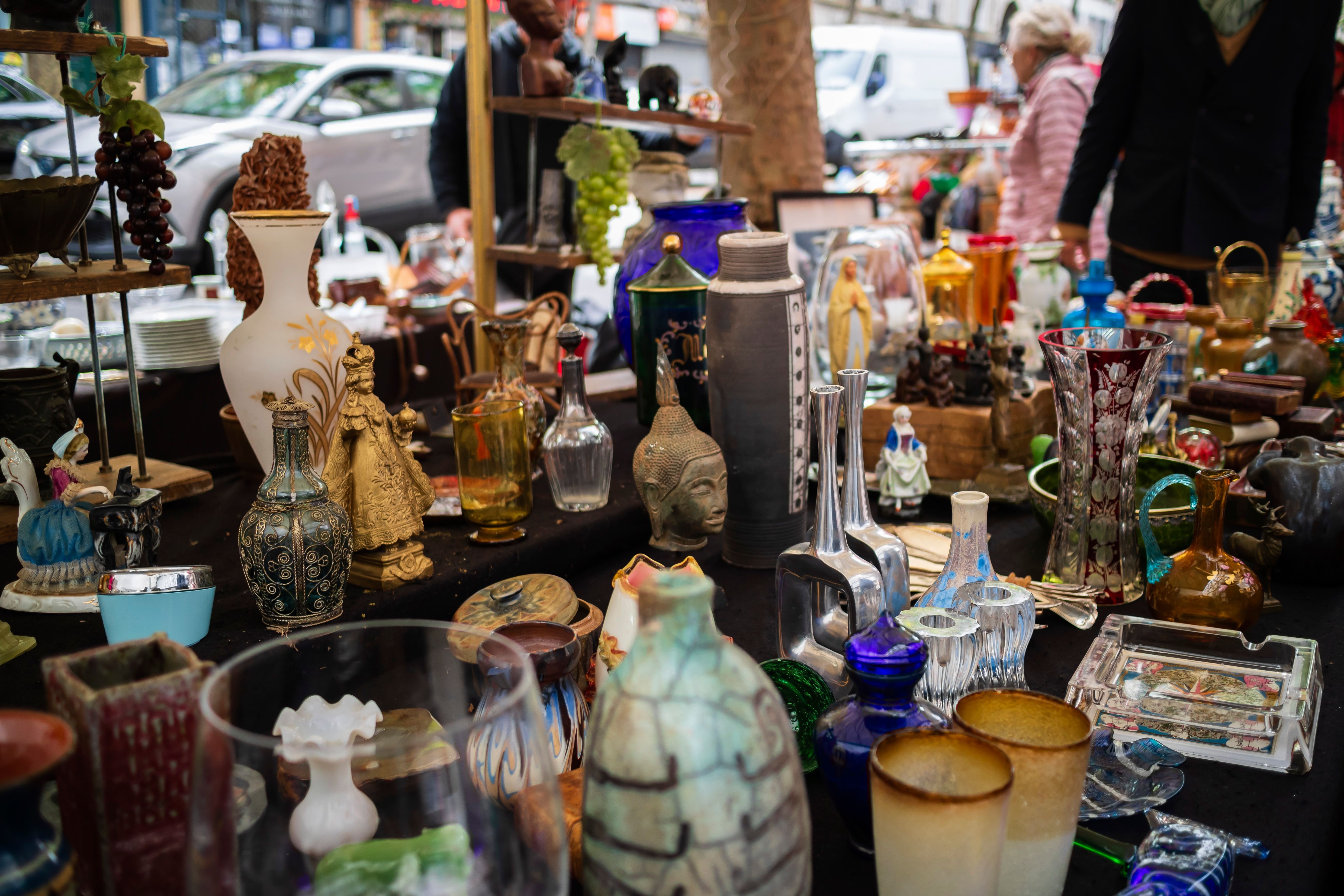 Antique stall at a flea market in Paris, France