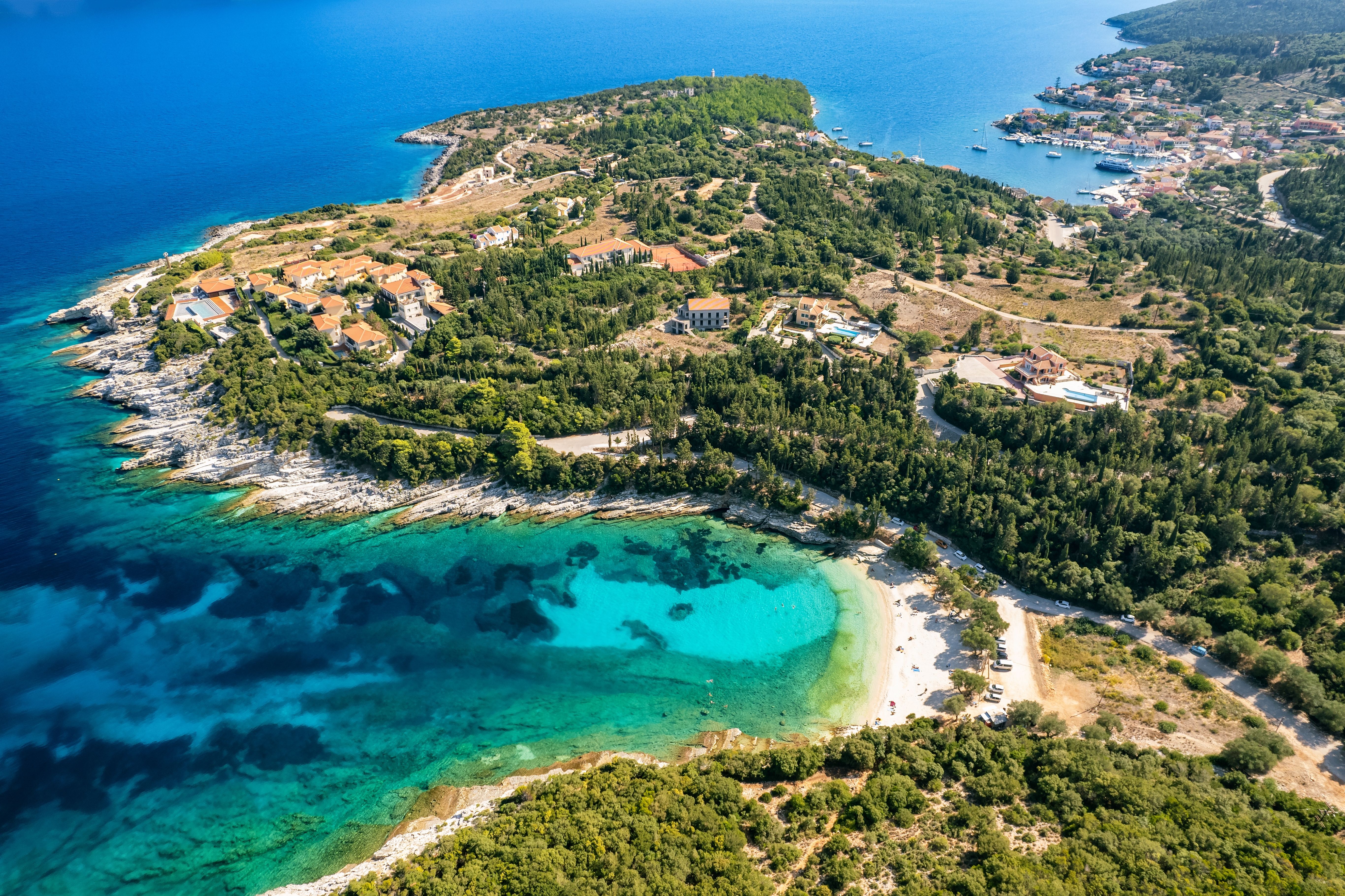 An aerial view of the turquoise bay of Emplisi (Emblisi) in Kefalonia, Greece