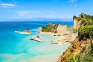 A view of Cape Drastis cliffs and sea near Sidari and Peroulades on Corfu in Greece