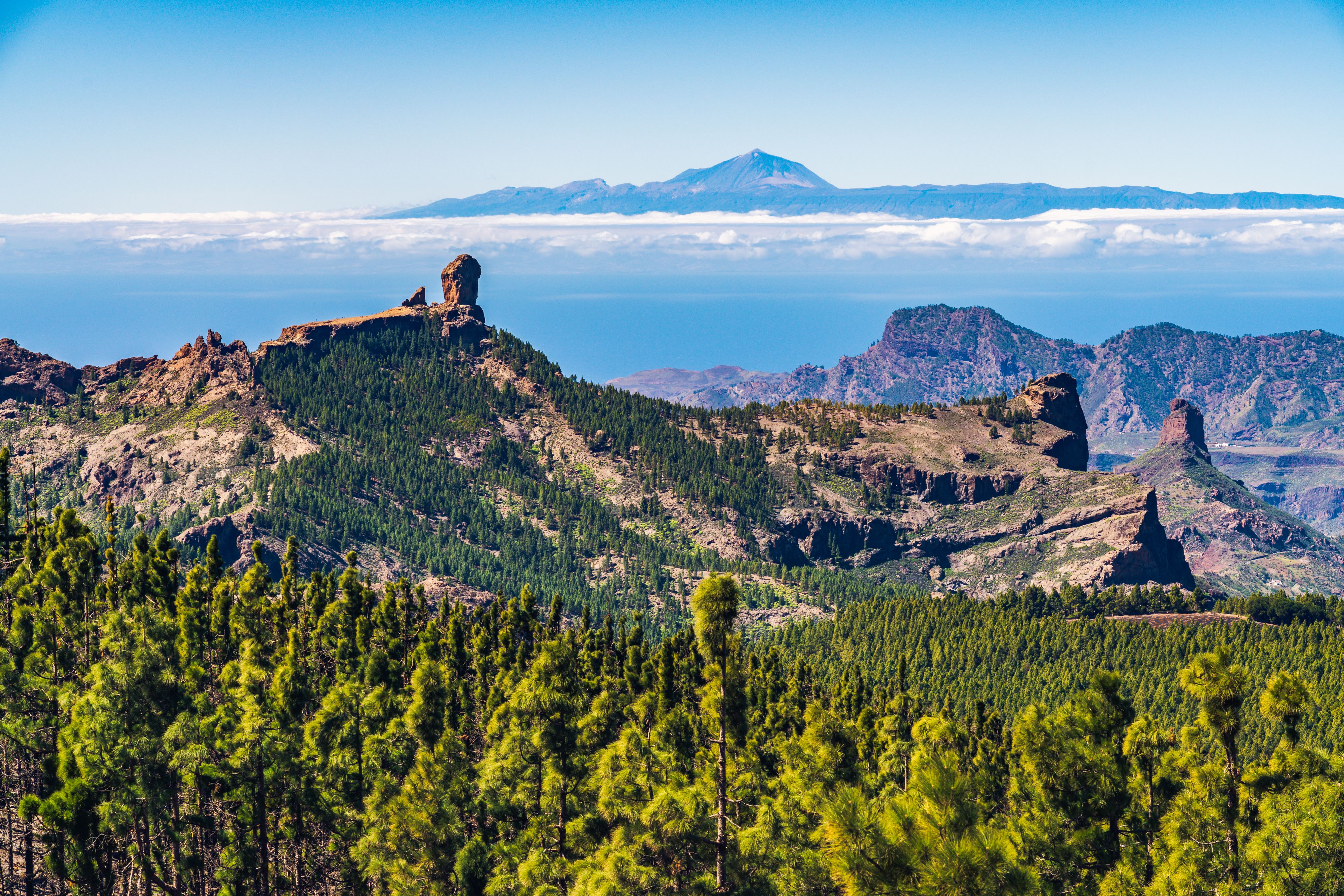 View across mountains of Roque Nublo - a volcanic rock peak in Gran Canaria, Canary Islands,