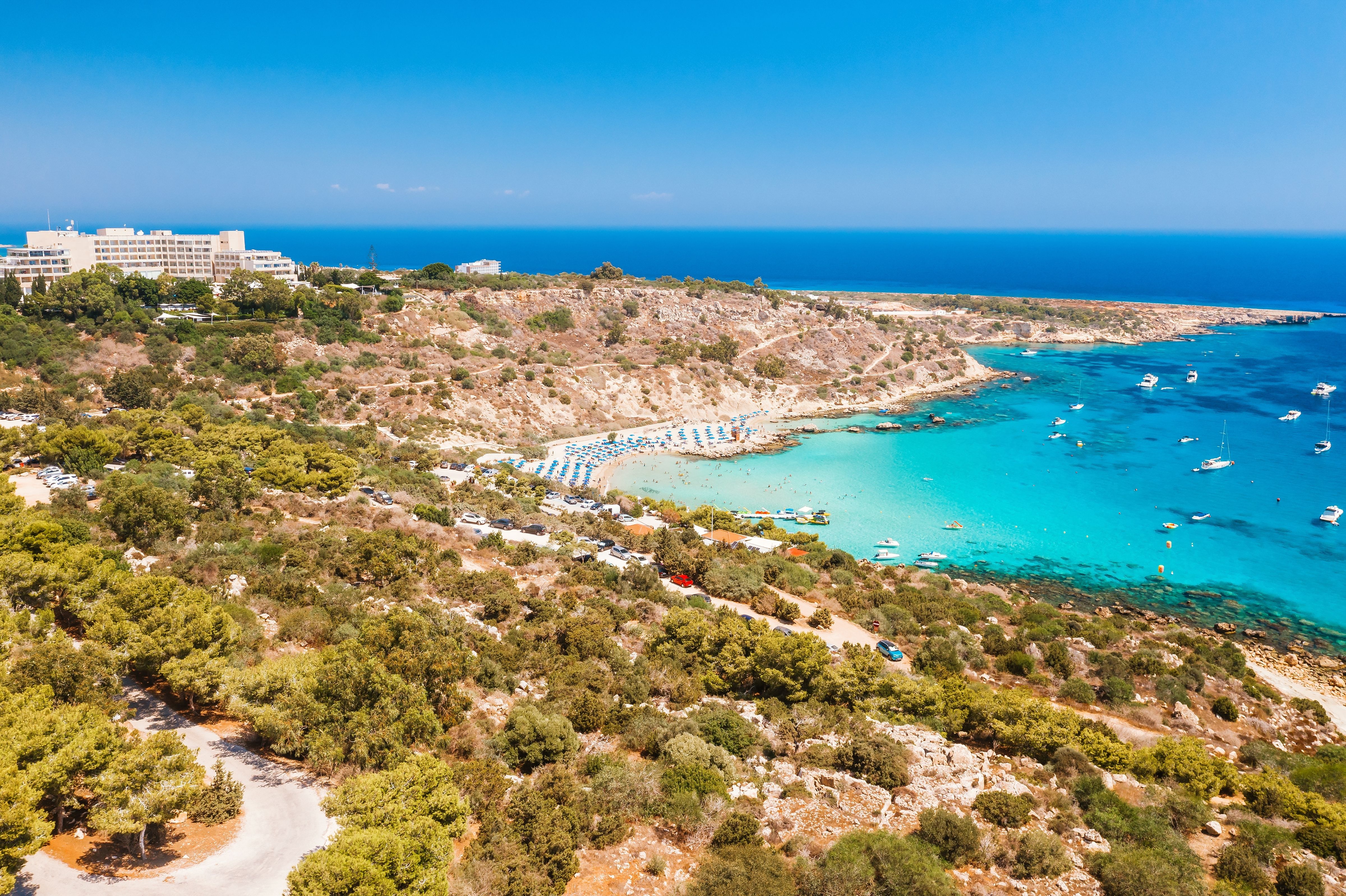 An aerial view of Coral Bay and beach in Paphos, Cyprus