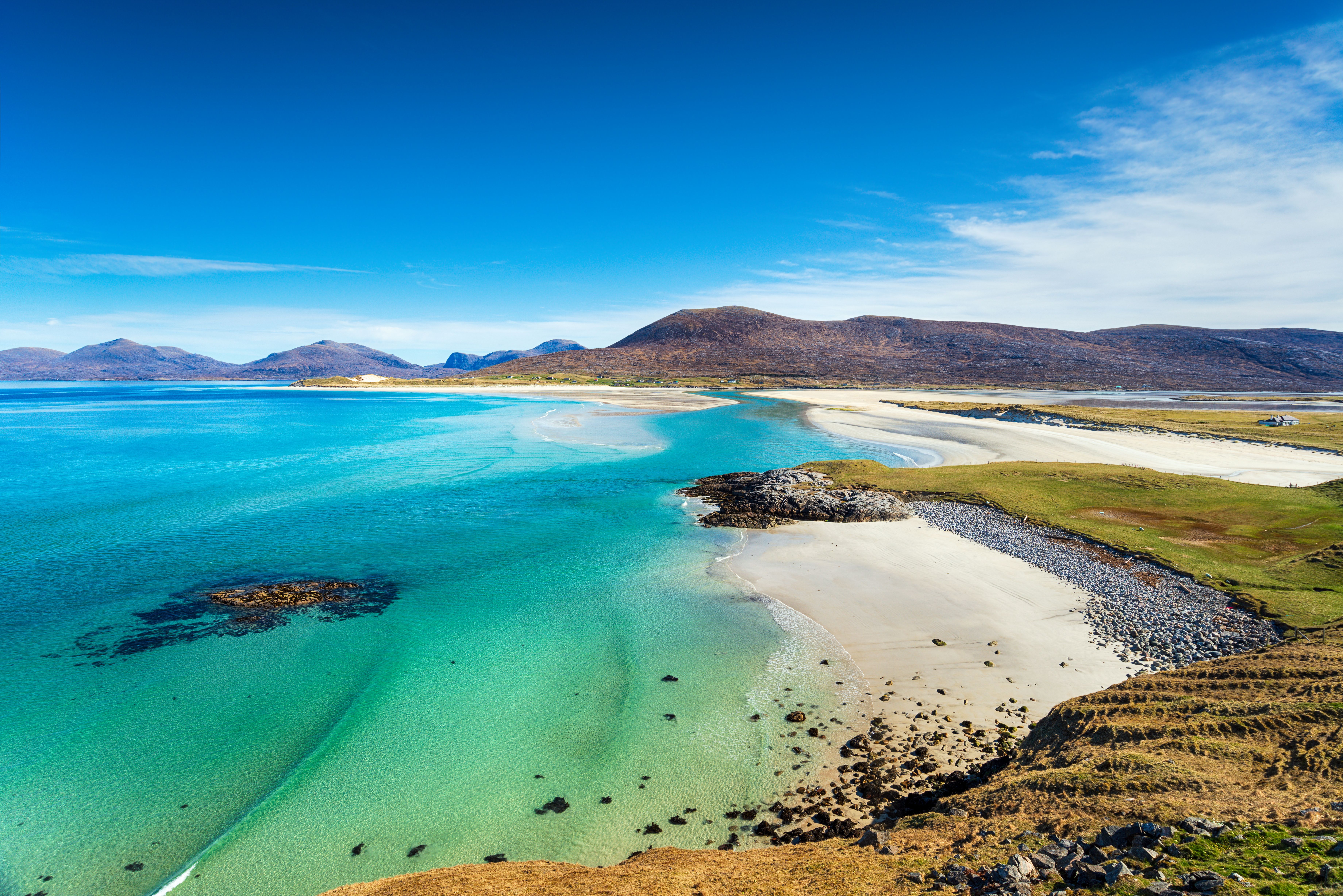 Beautiful sandy beach and clear turquoise sea at Seilebost on Isle of Harris, Scotland
