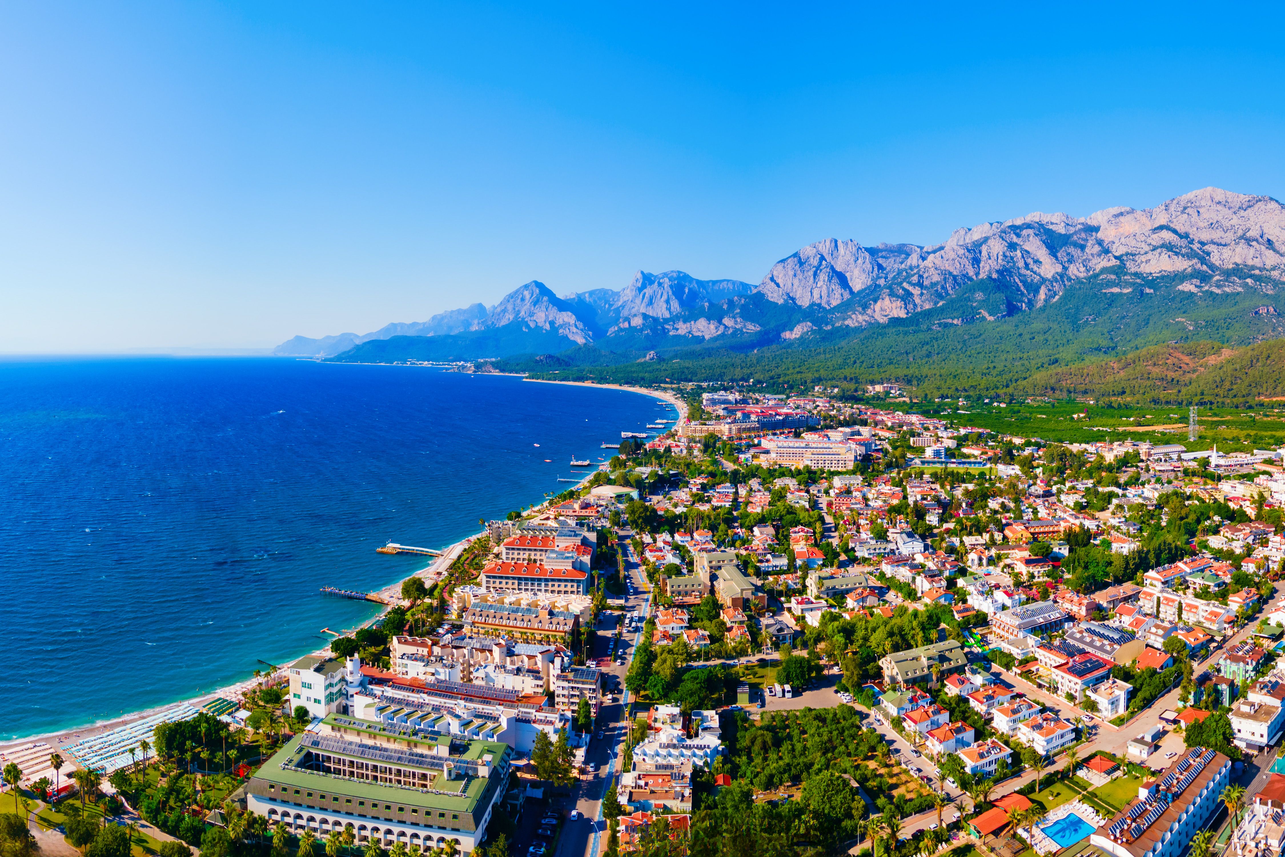An aerial panoramic view of Kemer resort and coastline in Antalya, Turkey.