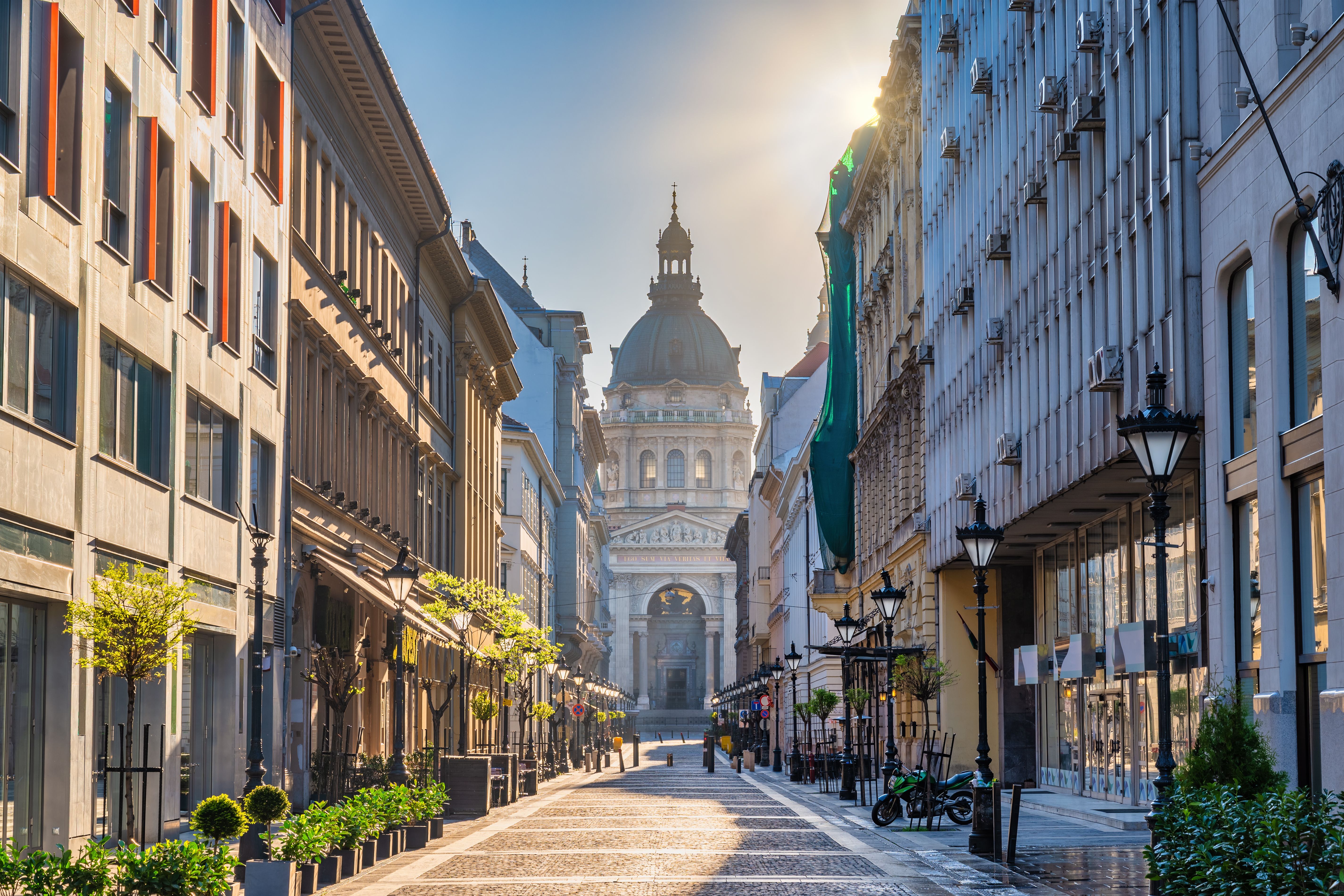A view of St. Stephen's Basilica from Zrinyi Street in Budapest, Hungary