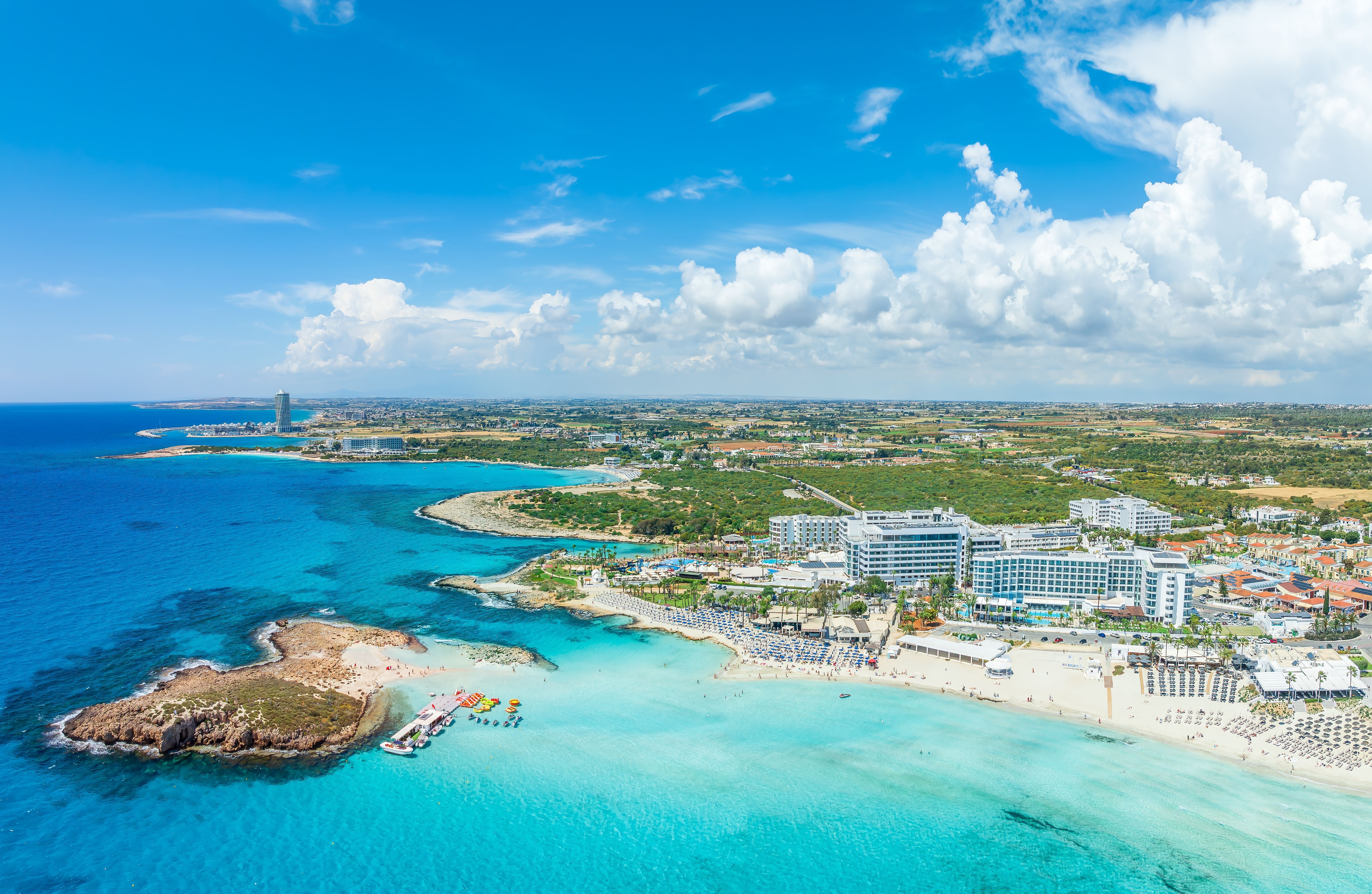 An aerial view of Nissi Beach and coastline in Ayia Napa, Cyprus