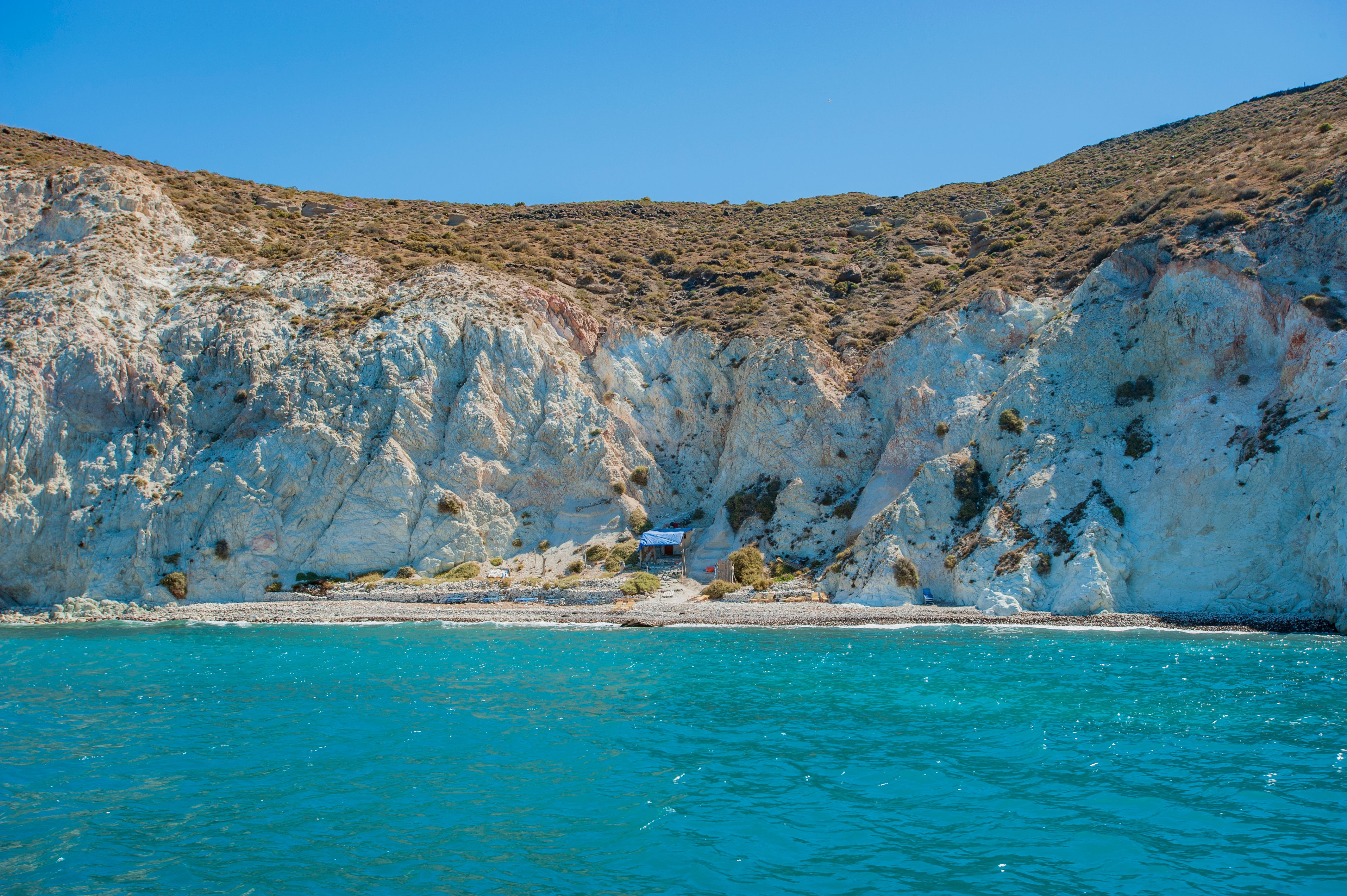 A view of the secluded White Beach in Santorini