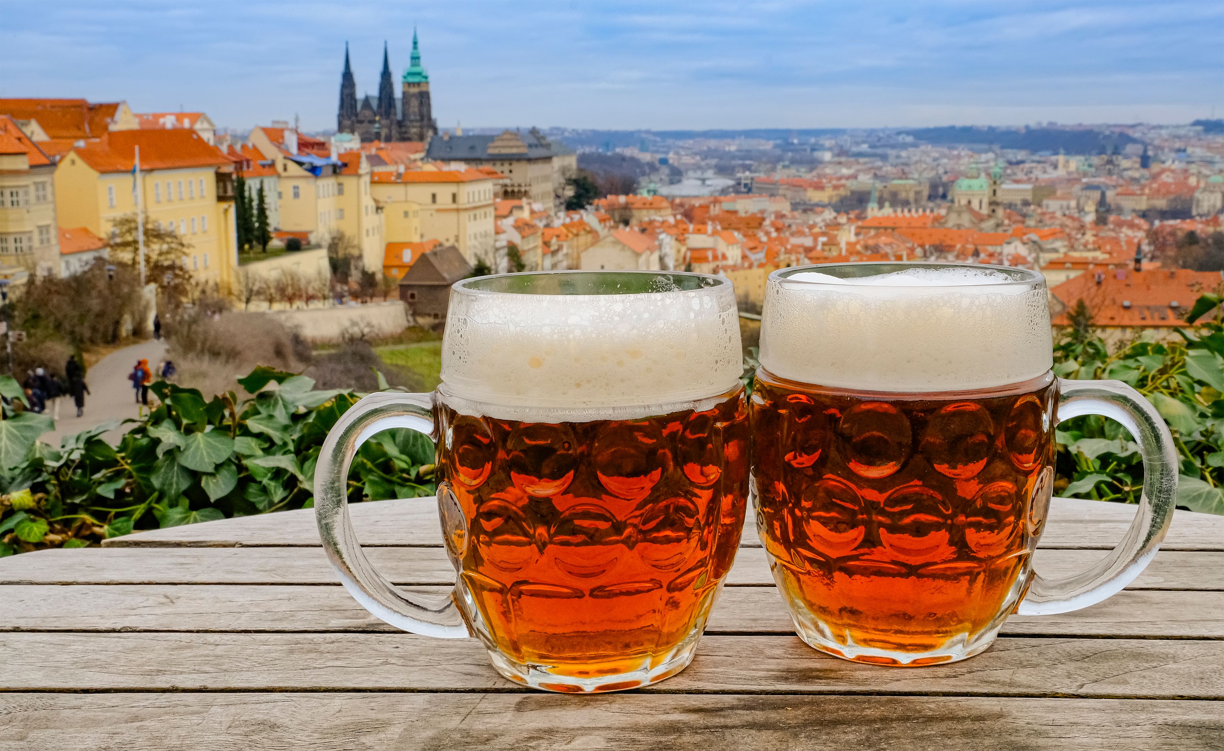 Two mugs of Czech beer at Prague Castle