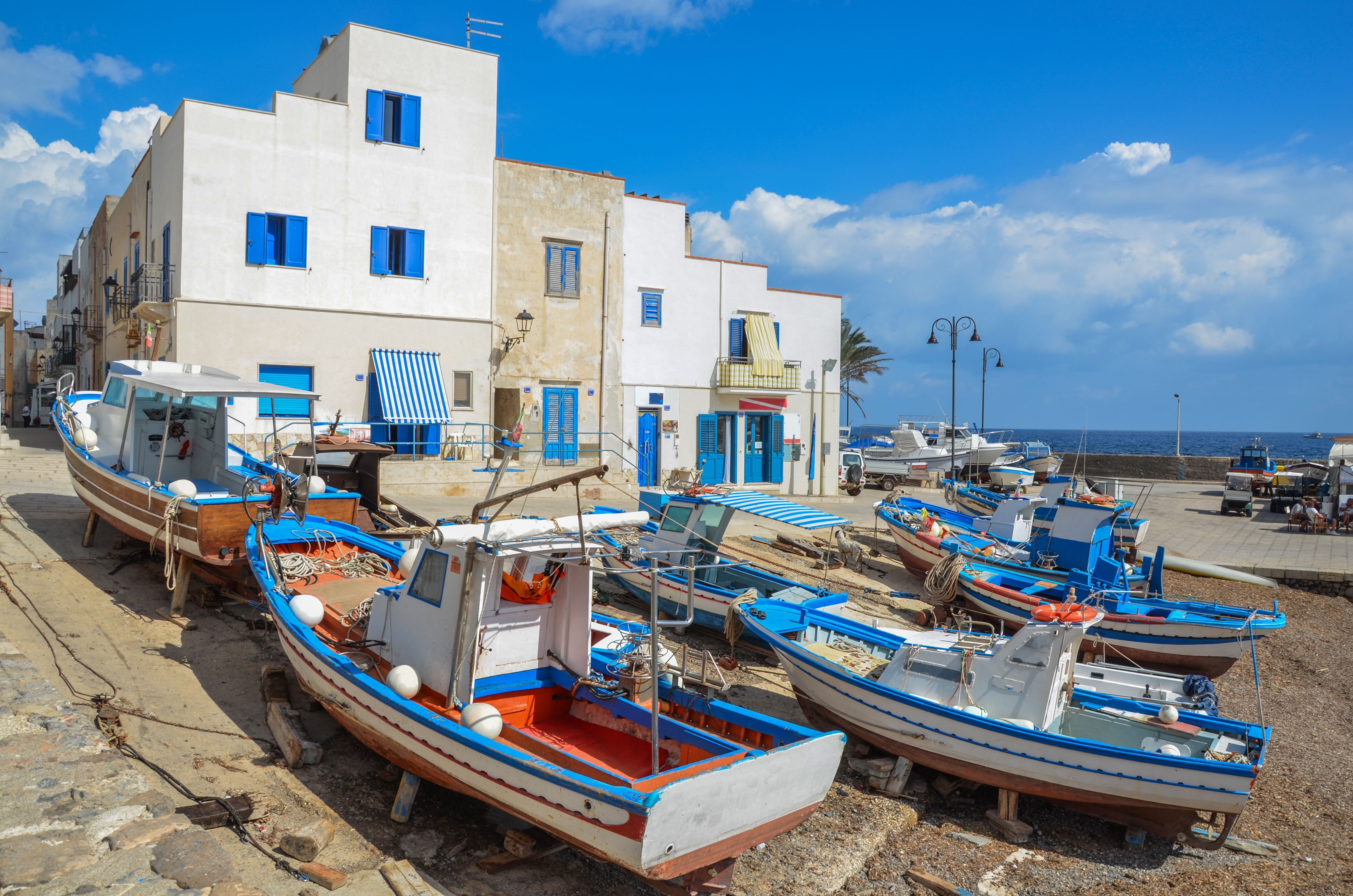 A view of fishing boats in Marettimo in Italy
