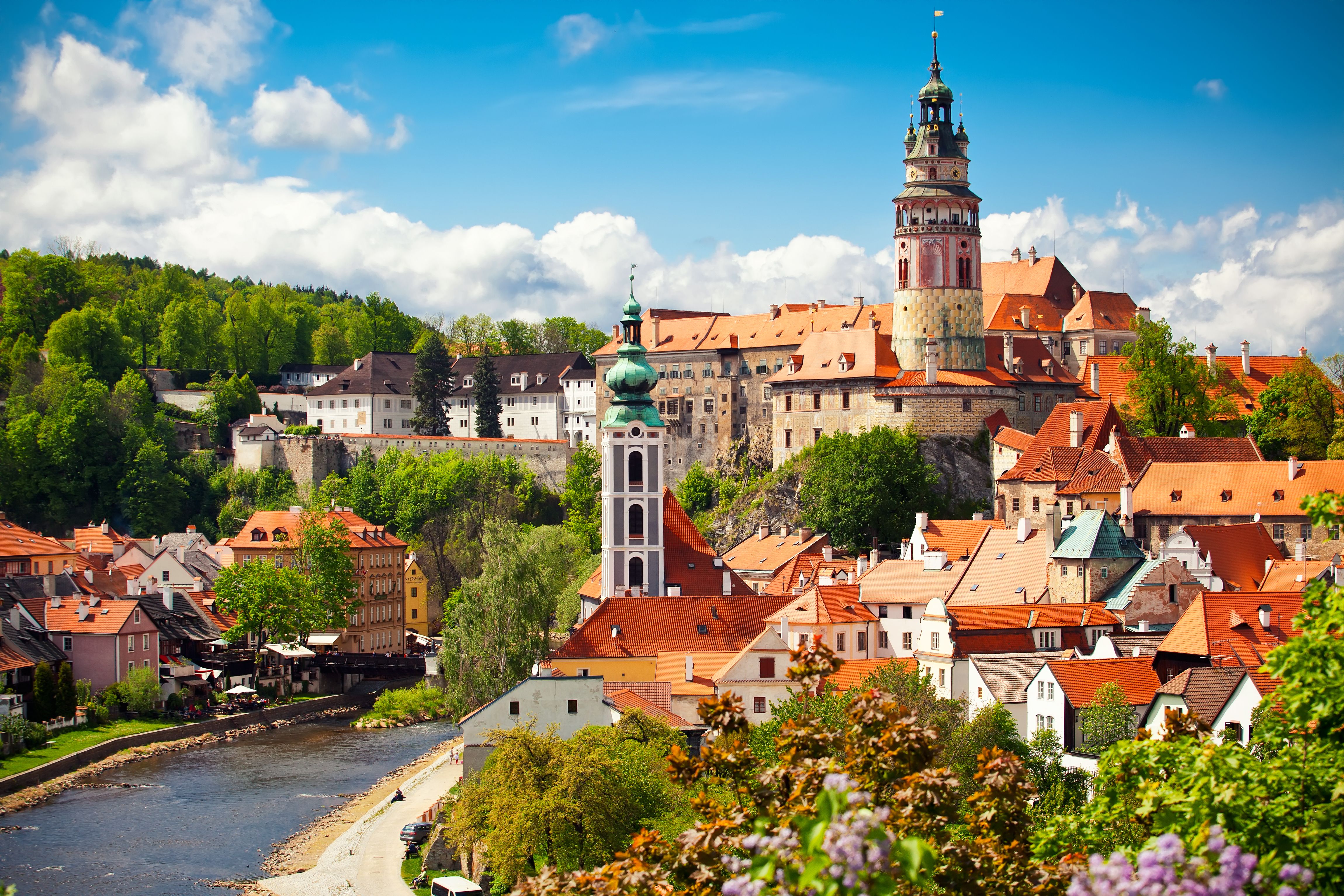 A view of Cesky Krumlov old town and church in Czech Republic