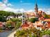 A view of Cesky Krumlov old town and church in Czech Republic