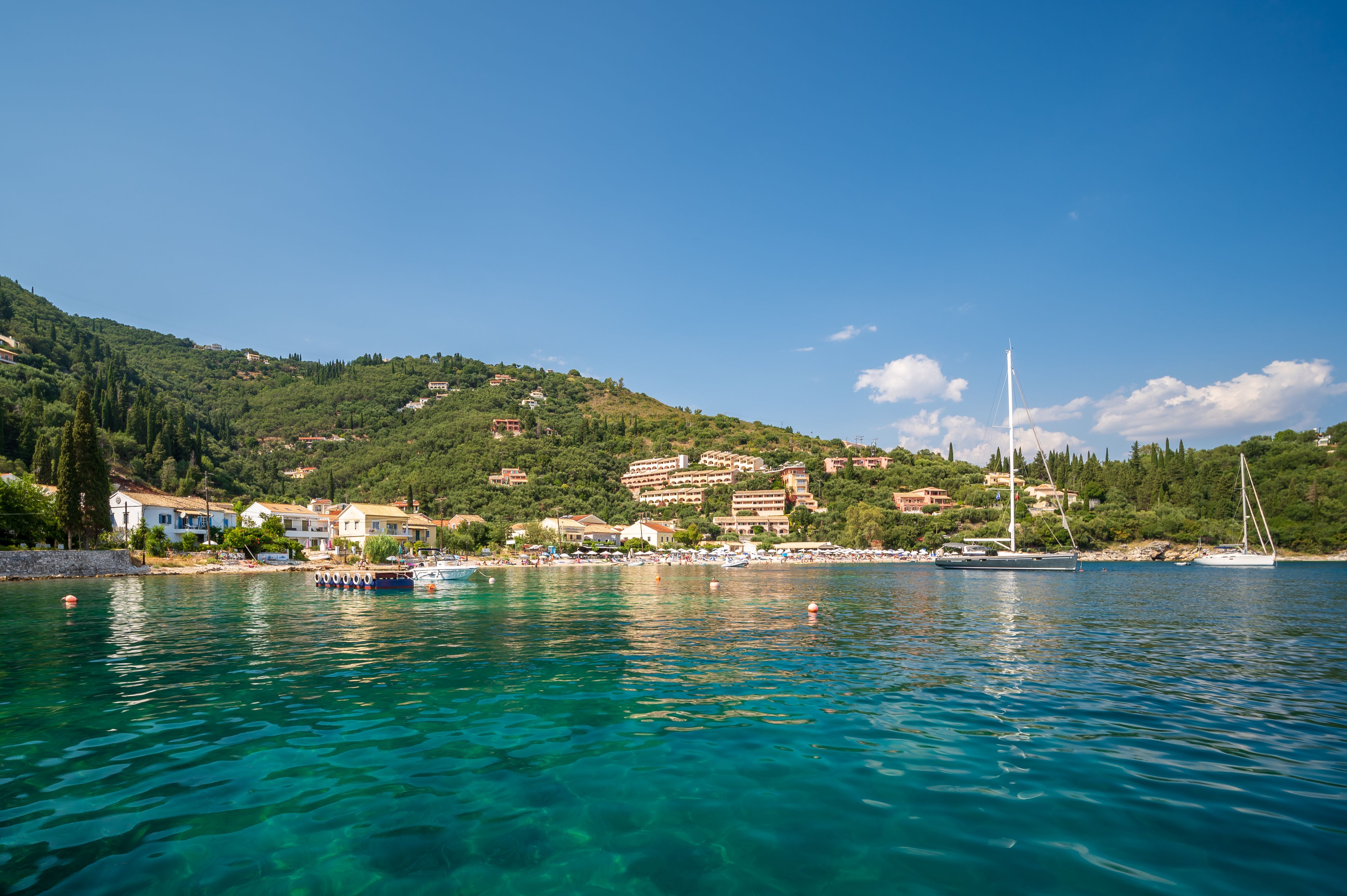 View across the sea of Kalami Bay in Corfu, Greece