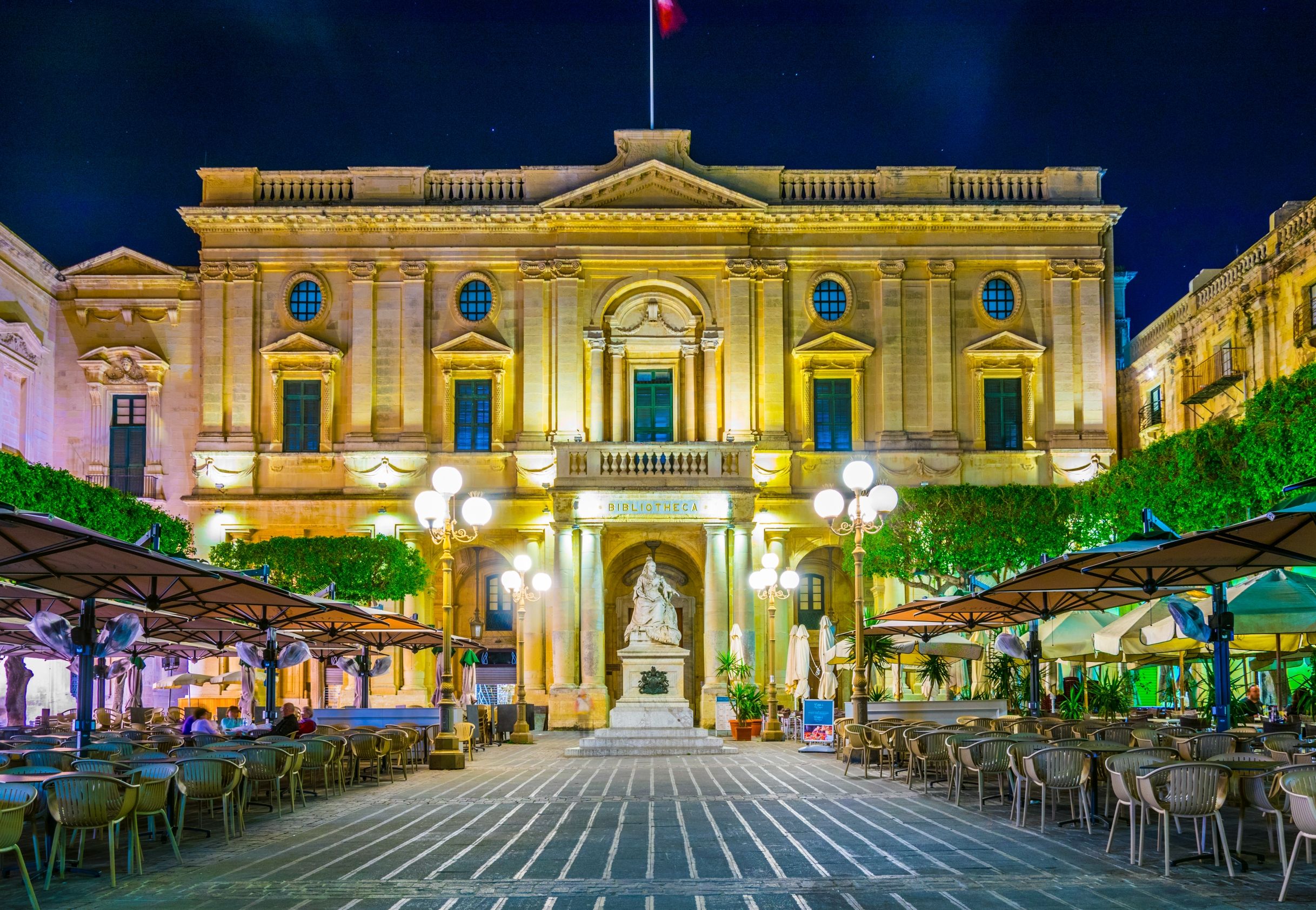 Night view of the national library in Valletta, Malta