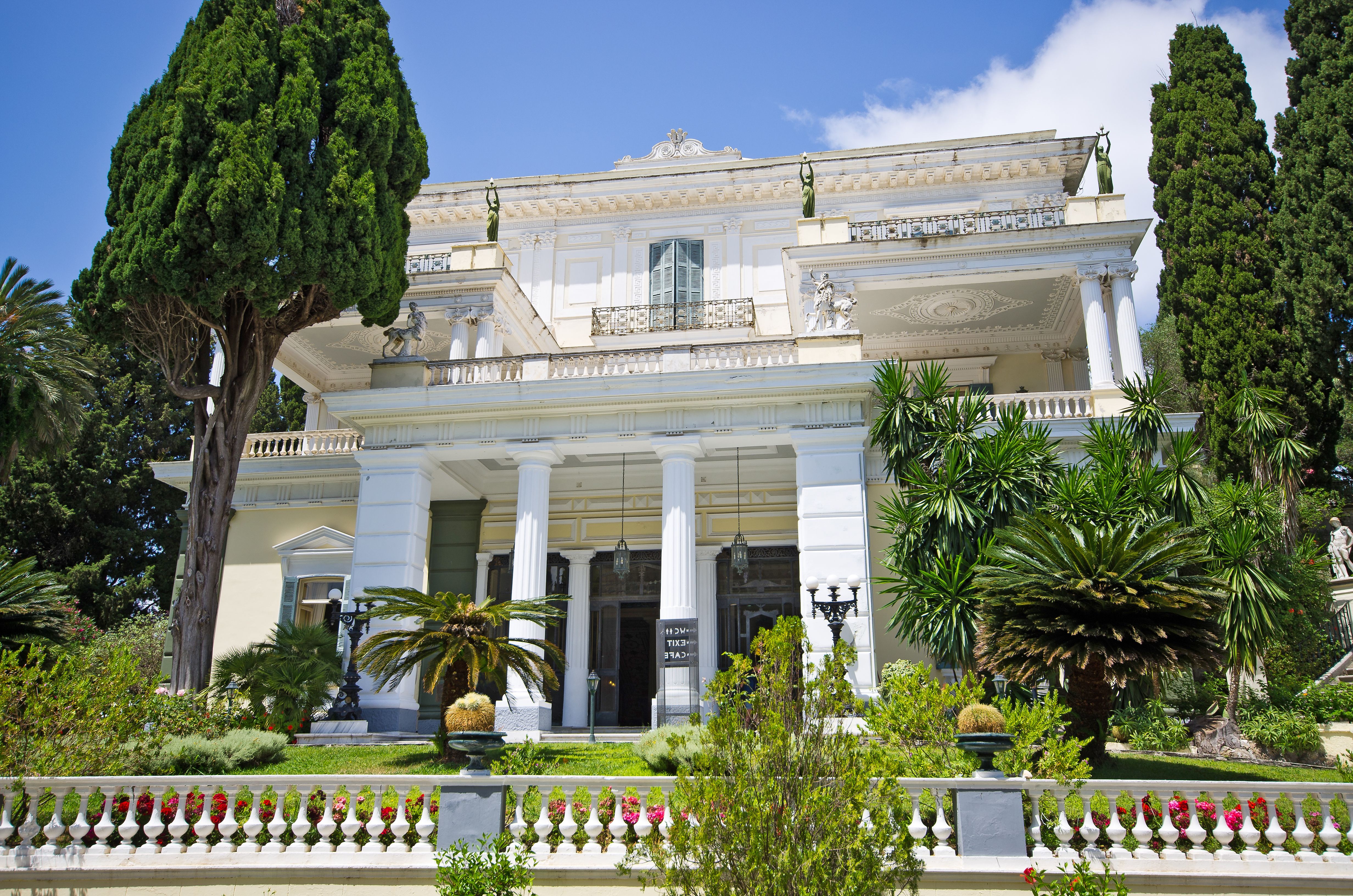 A front view of Achillion Palace in Corfu, Greece