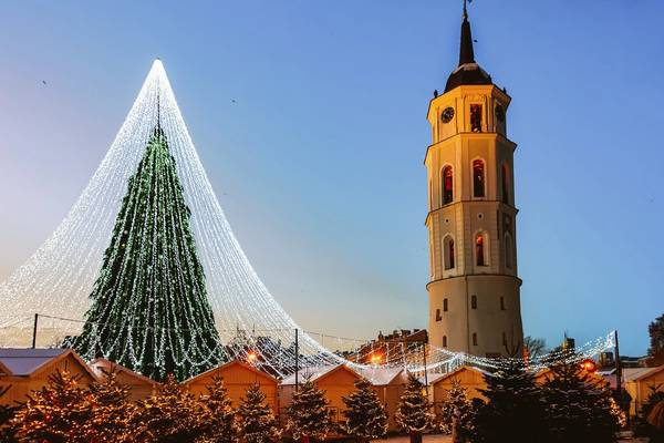 View of a Christmas tree covered with a next of fairy lights next to a white cathedral tower with snow-covered Christmas market stalls and trees below
