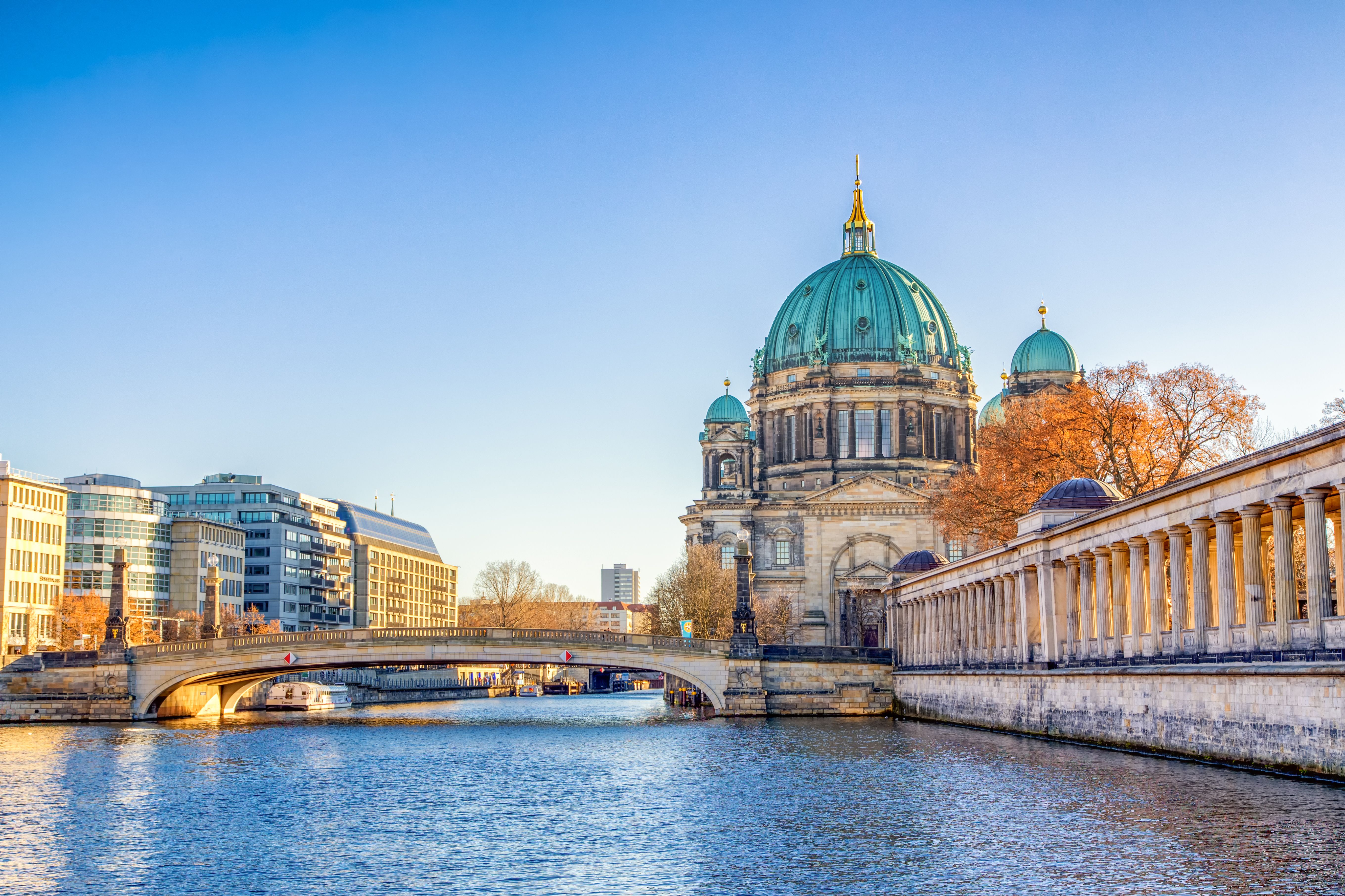 A view of Berlin Cathedral and Museum Island across the Spree River in Berlin, Germany