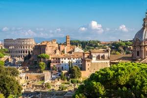 A city skyline view of Rome on a bright day with landmarks including the Colosseum and Roman Forum.
