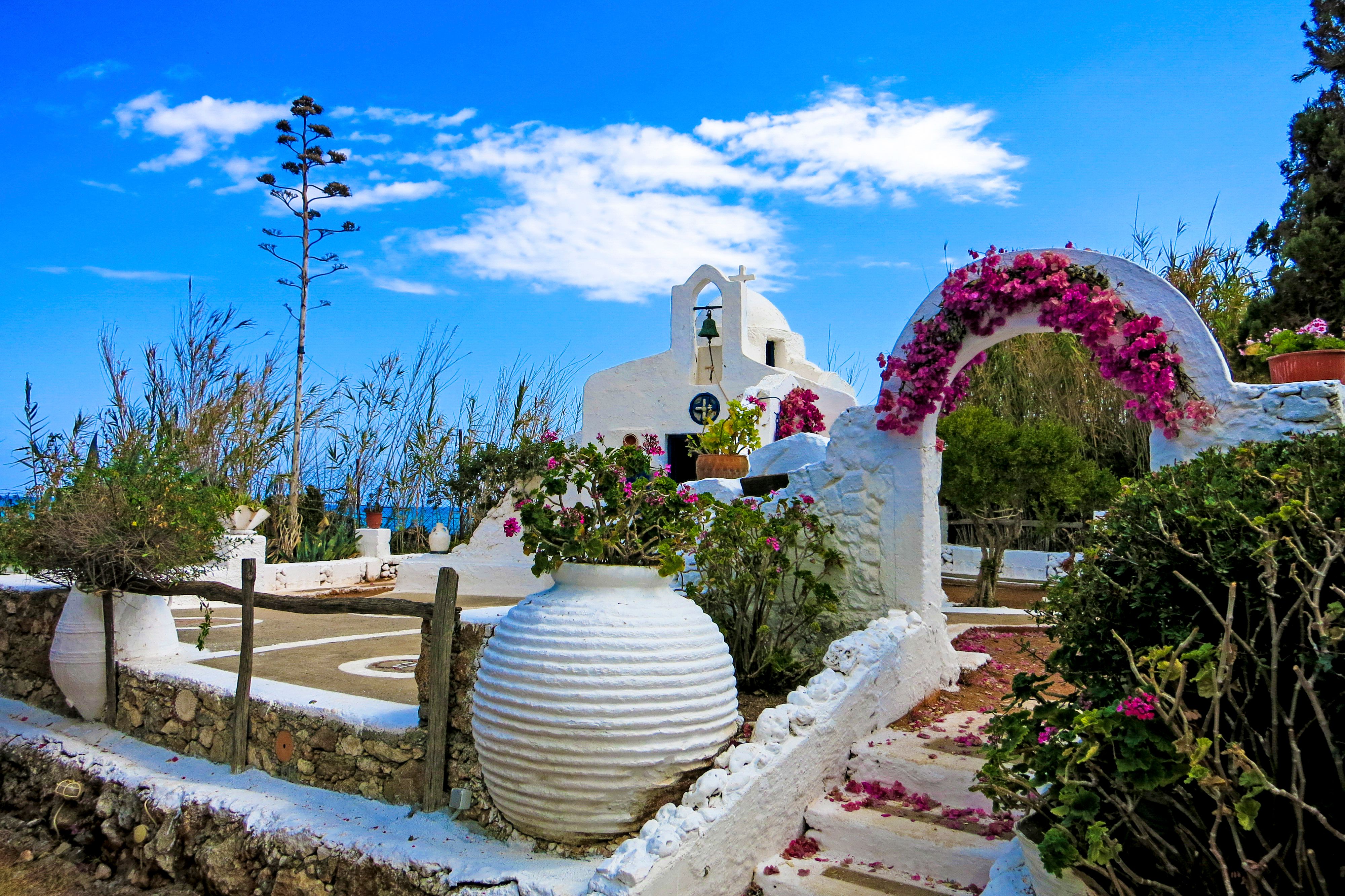 A view of a white chapel in Crete's open air museum, Greece