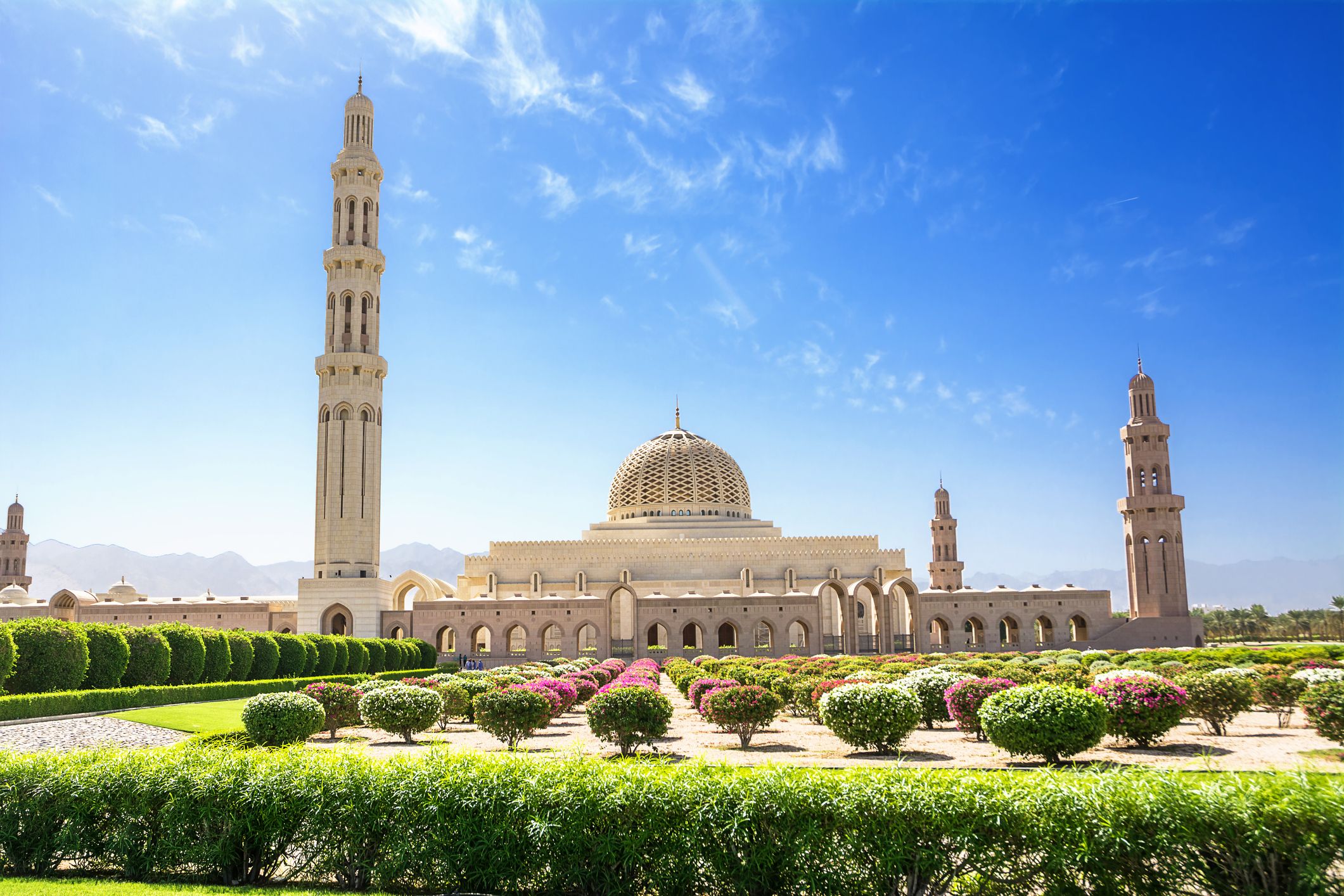 A view of the gardens and the Muscat Grand Mosque in Oman.