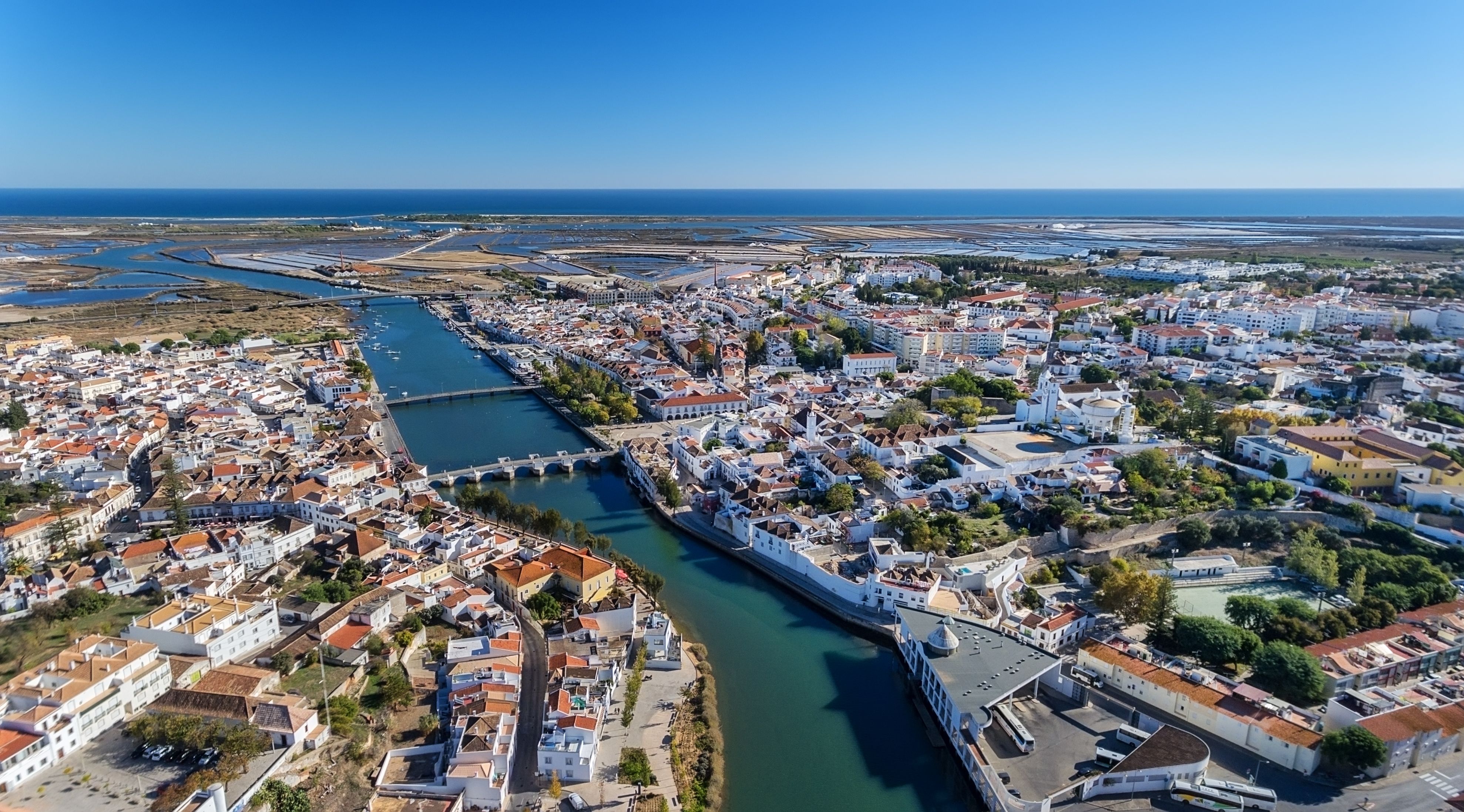 An aerial view of Tavira town and coastline in the Algarve, Portugal