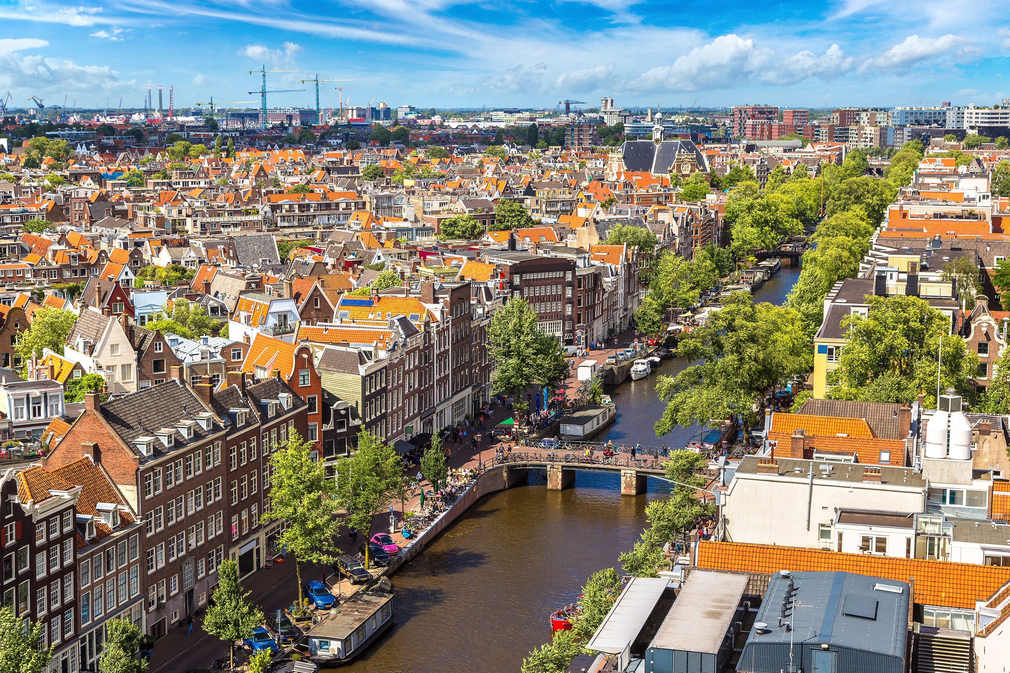 Panoramic aerial view of Amsterdam on a beautiful summer day