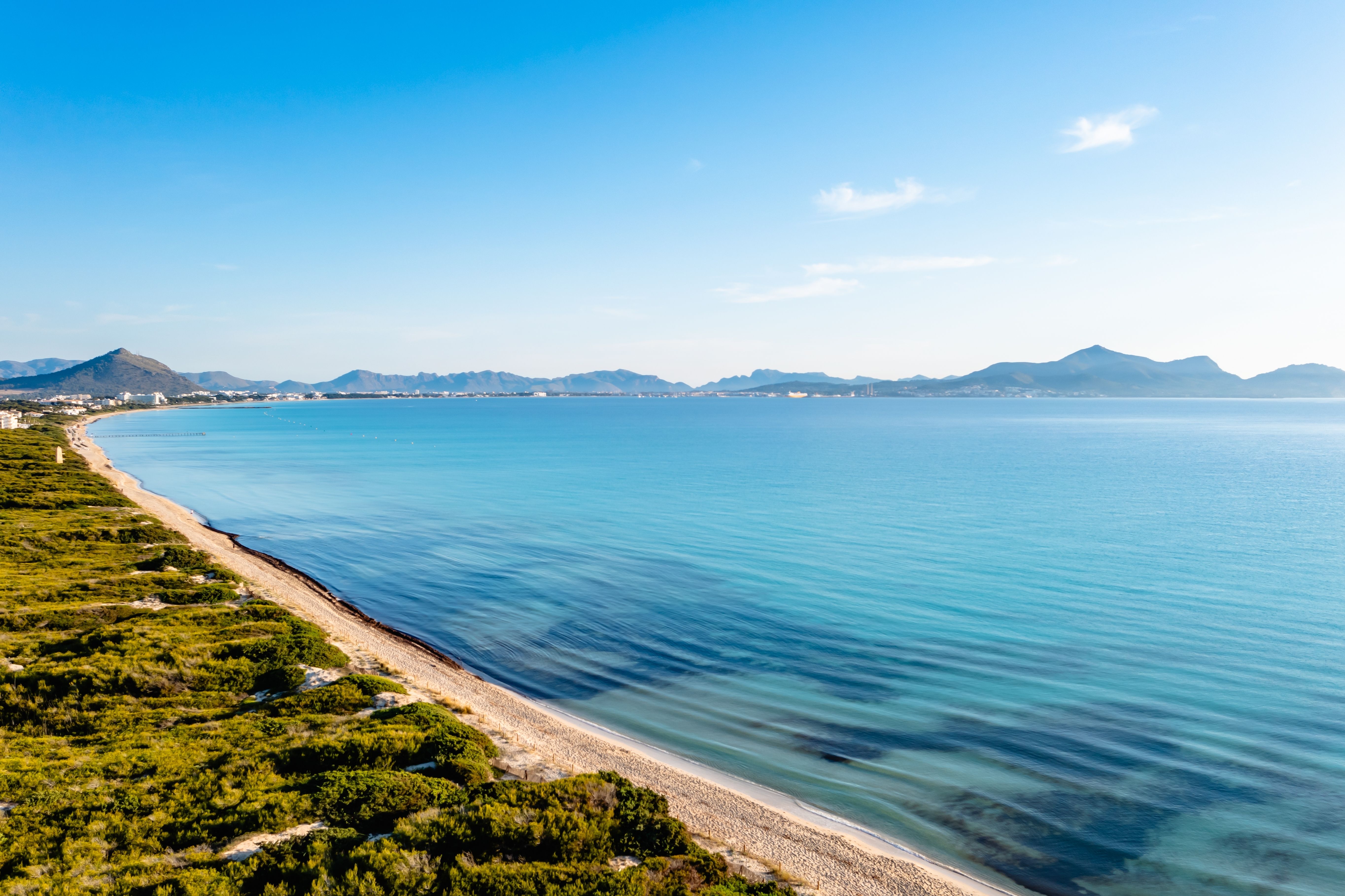 Aerial view of the sweeping Playa de Muro beach in Majorca