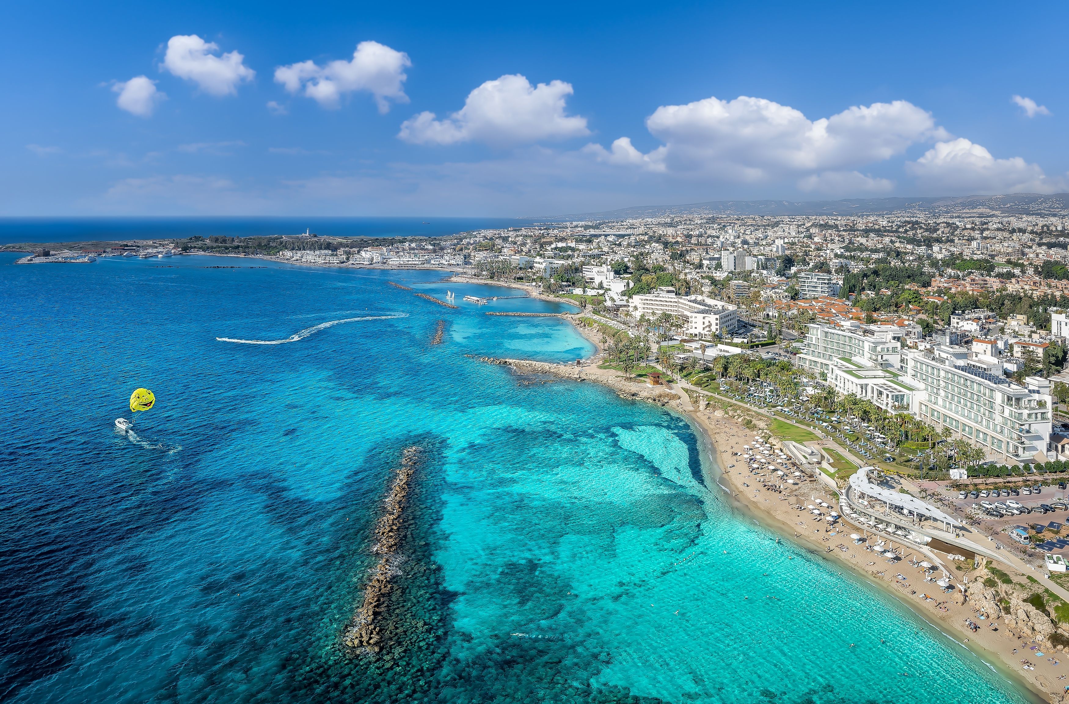 An aerial view of Vrisoudia Beach in Paphos, Cyprus